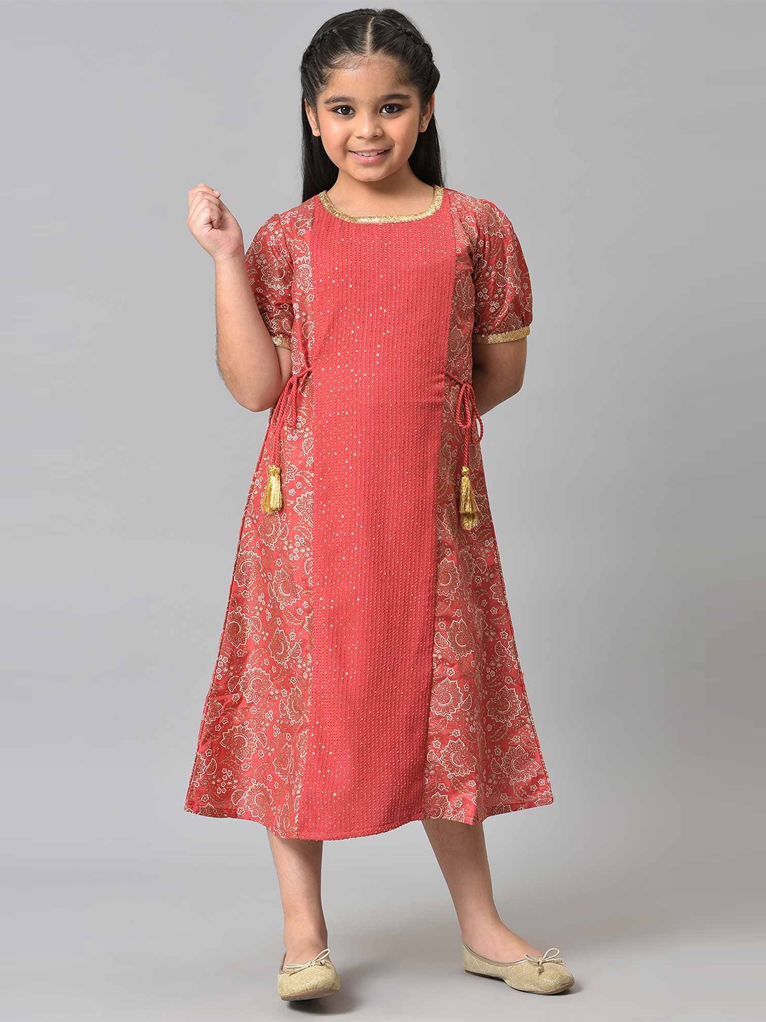 

AURELIA Maroon Ethnic Motifs Satin A-Line Dress