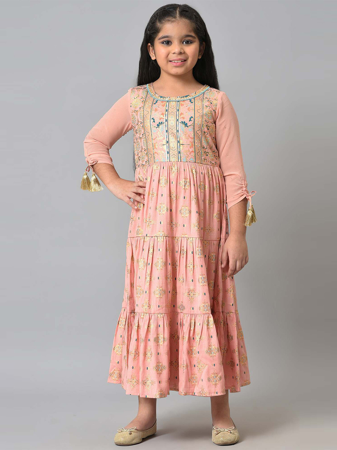 

AURELIA Peach-Coloured Floral Tie-Up Neck Chiffon A-Line Maxi Dress