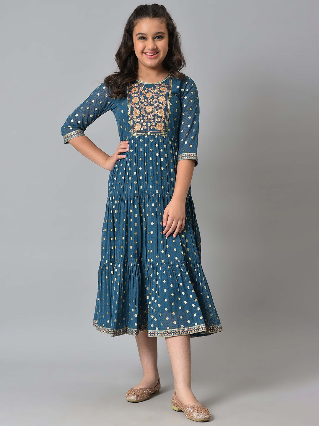 

AURELIA Girls Blue Ethnic Motifs A-Line Ethnic Midi Dress