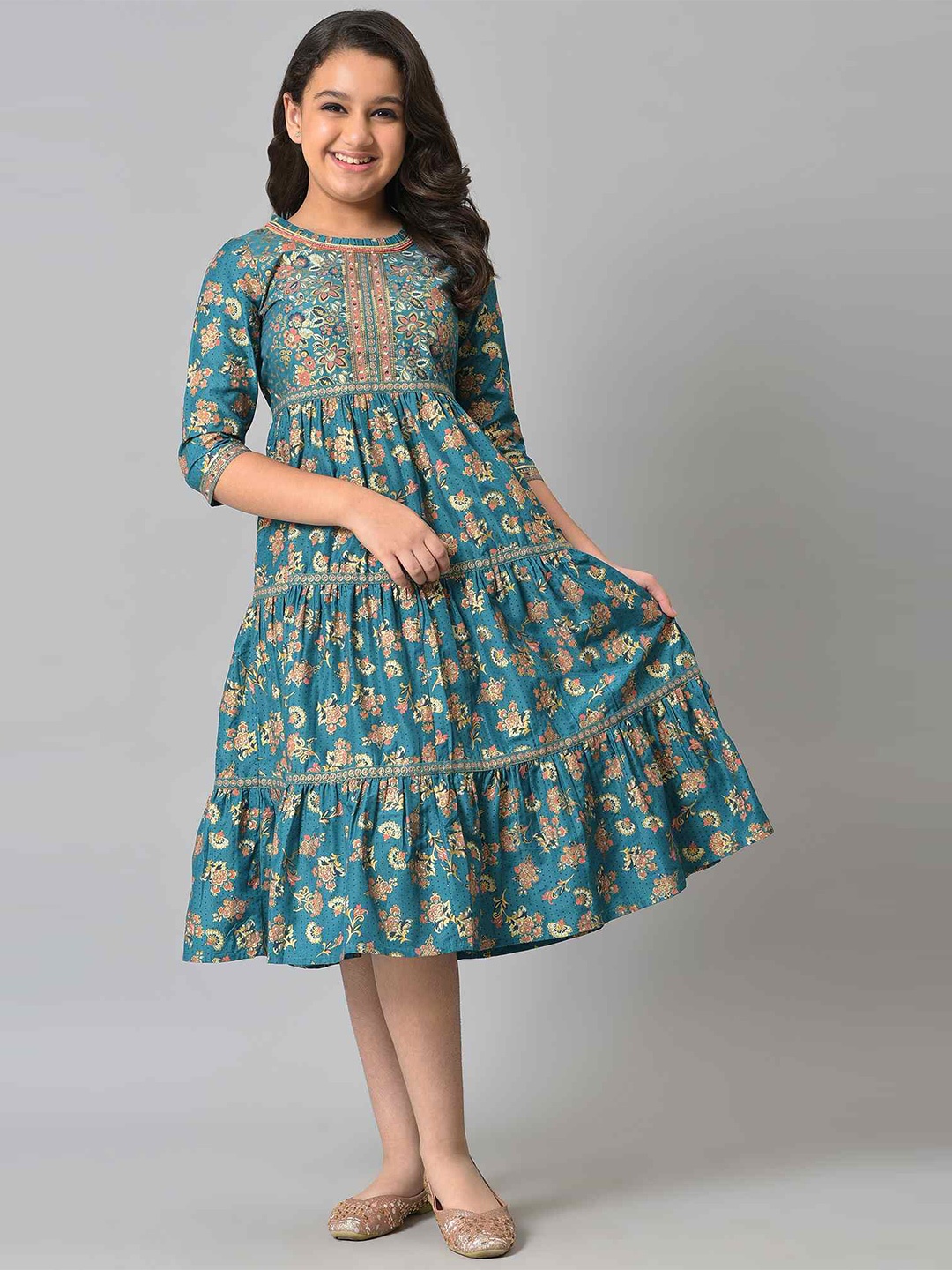 

AURELIA Girls Green Floral Satin Empire Dress