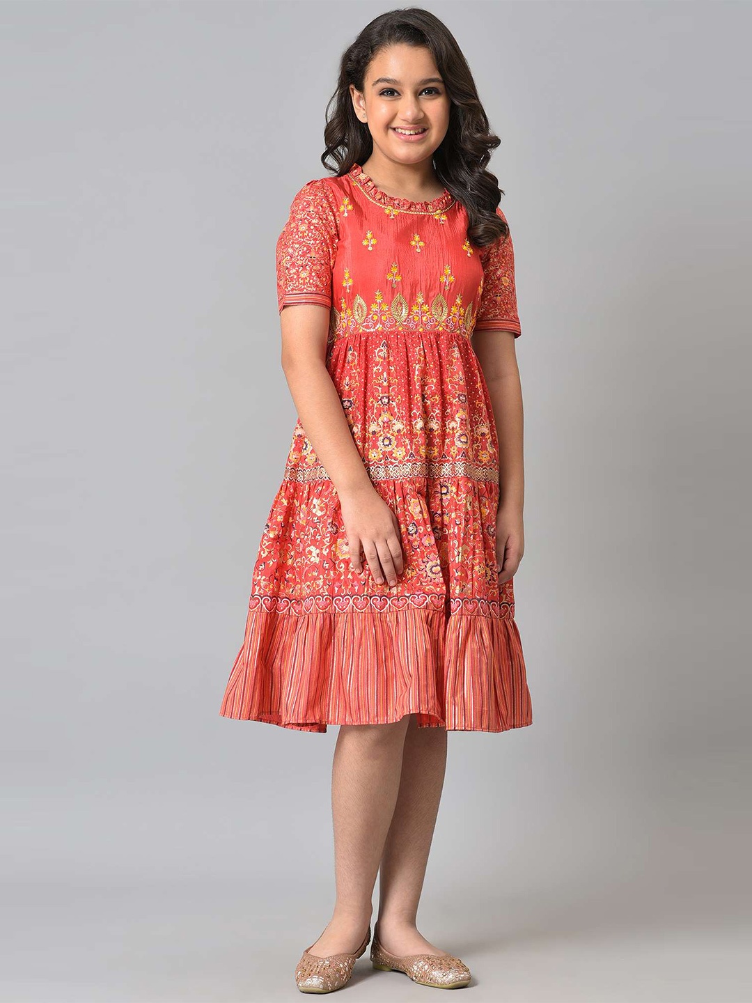 

AURELIA Girls Red & Yellow Ethnic Motifs Printed A-Line Dress