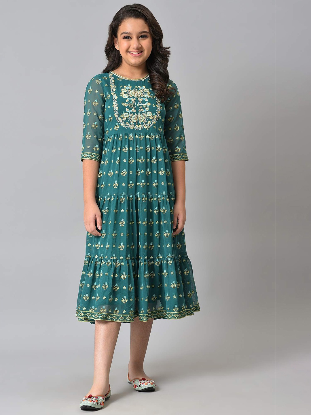 

AURELIA Green Floral Satin Empire Midi Ethnic Dress
