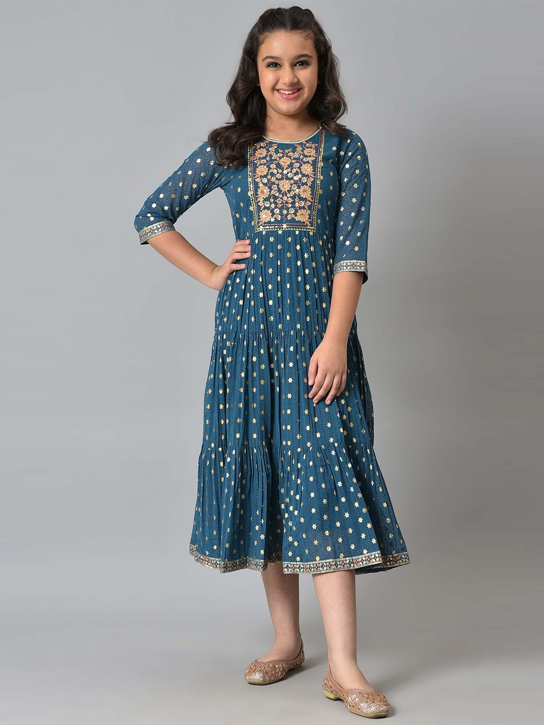 

AURELIA Girls Blue Floral Tired Satin A-Line Midi Dress
