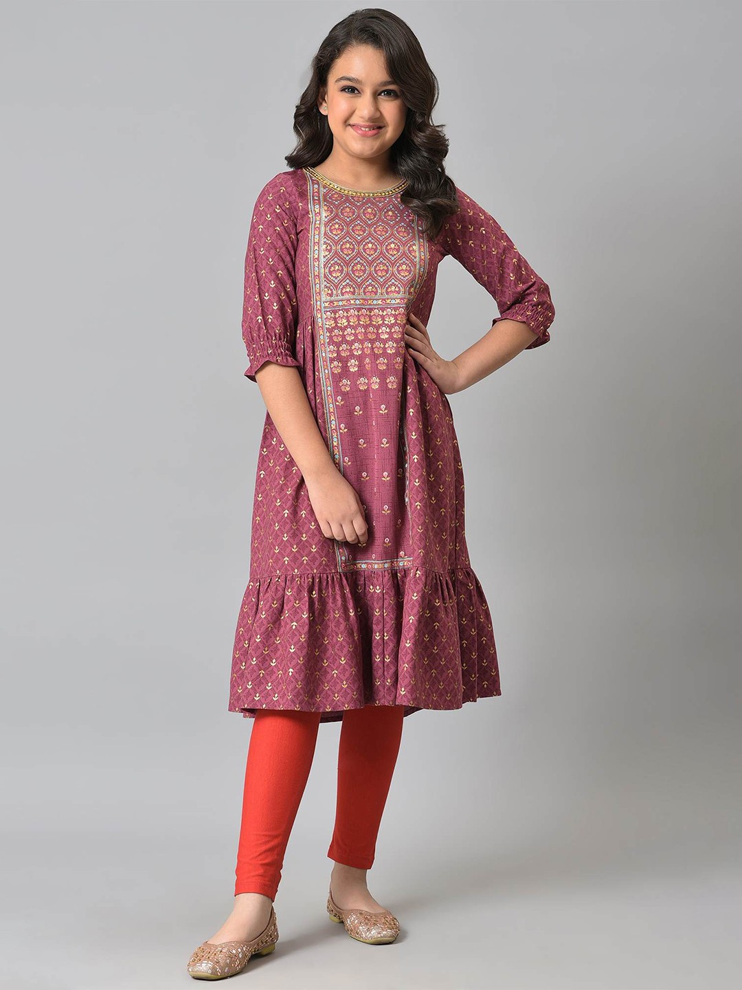 

AURELIA Maroon & Gold-Toned Floral Satin Ethnic A-Line Dress