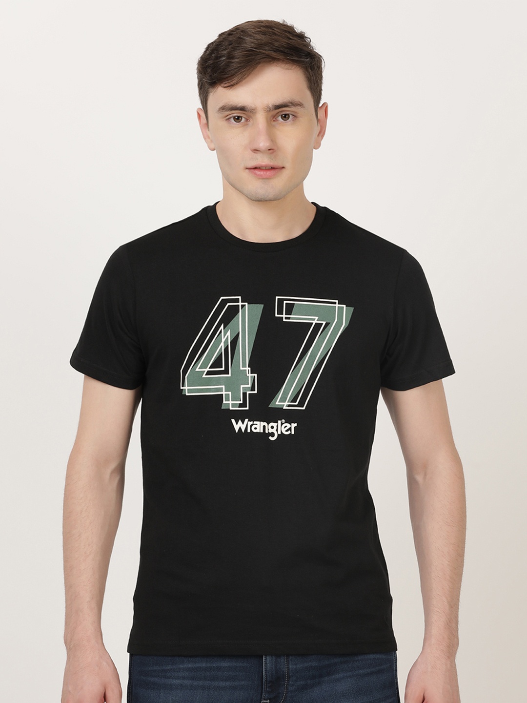 

Wrangler Men Black Typography Printed Short Sleeves Cotton T Shirt
