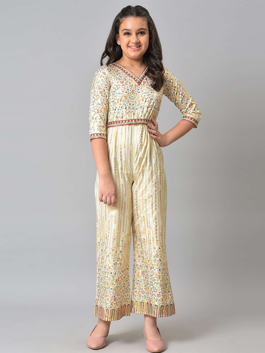 

AURELIA Girls Beige & Blue Printed Basic Jumpsuit