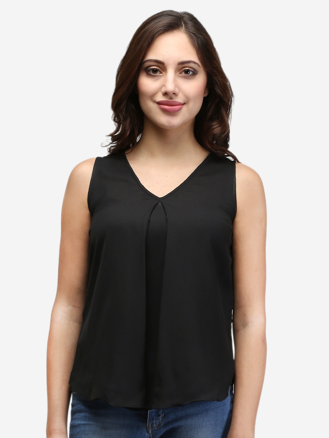 

V&M Black Solid Crepe Pleated Top