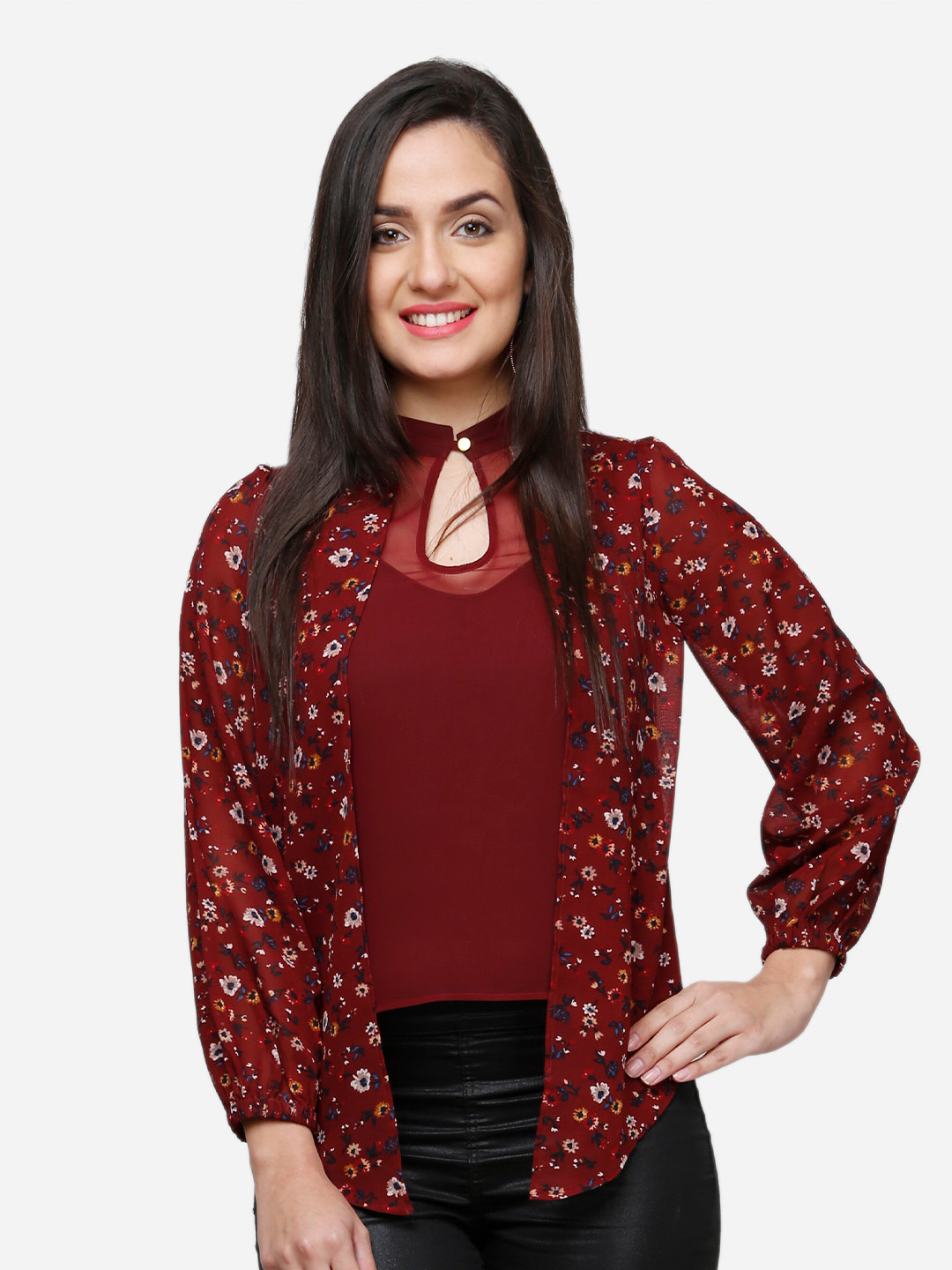 

V&M Women Maroon & White Floral Printed Keyhole Neck Georgette Top