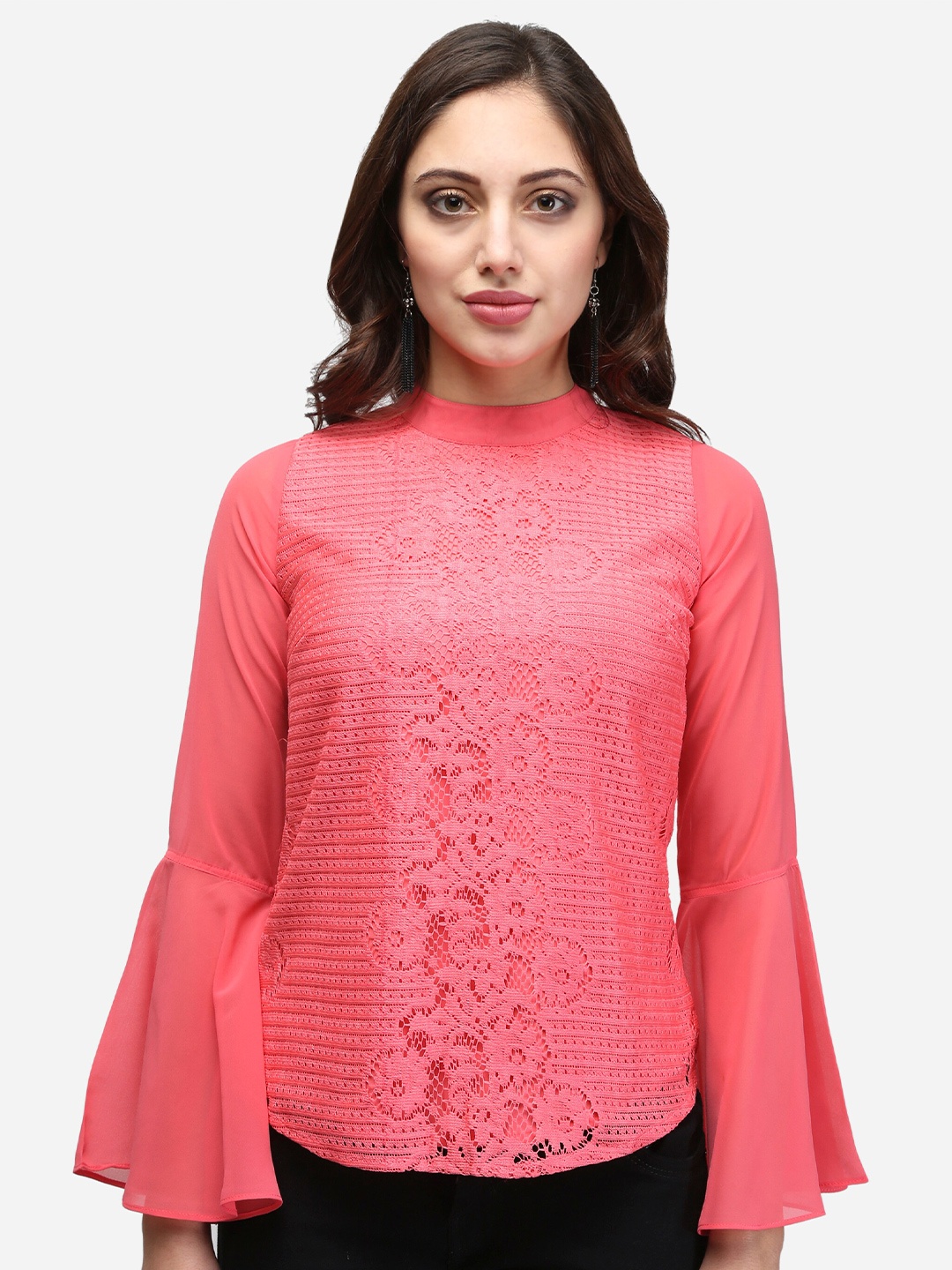 

V&M Women Pink High Neck Bell Sleeves Top