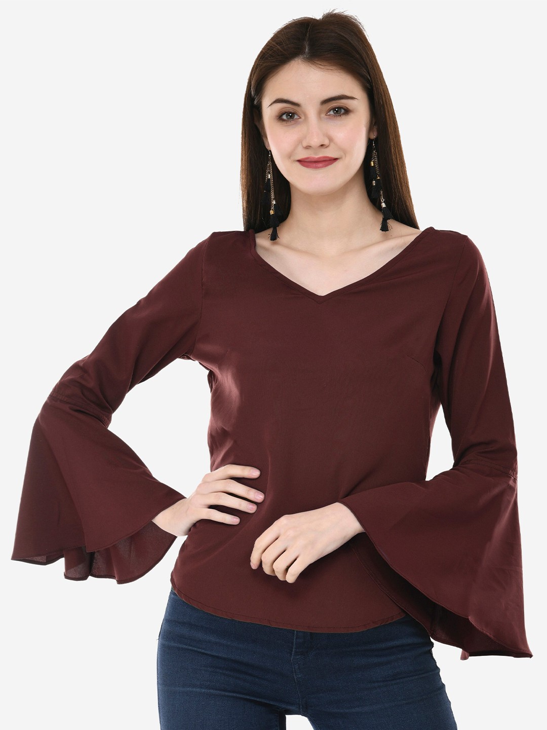 

V&M Women Brown V-Neck Bell Sleeves Top