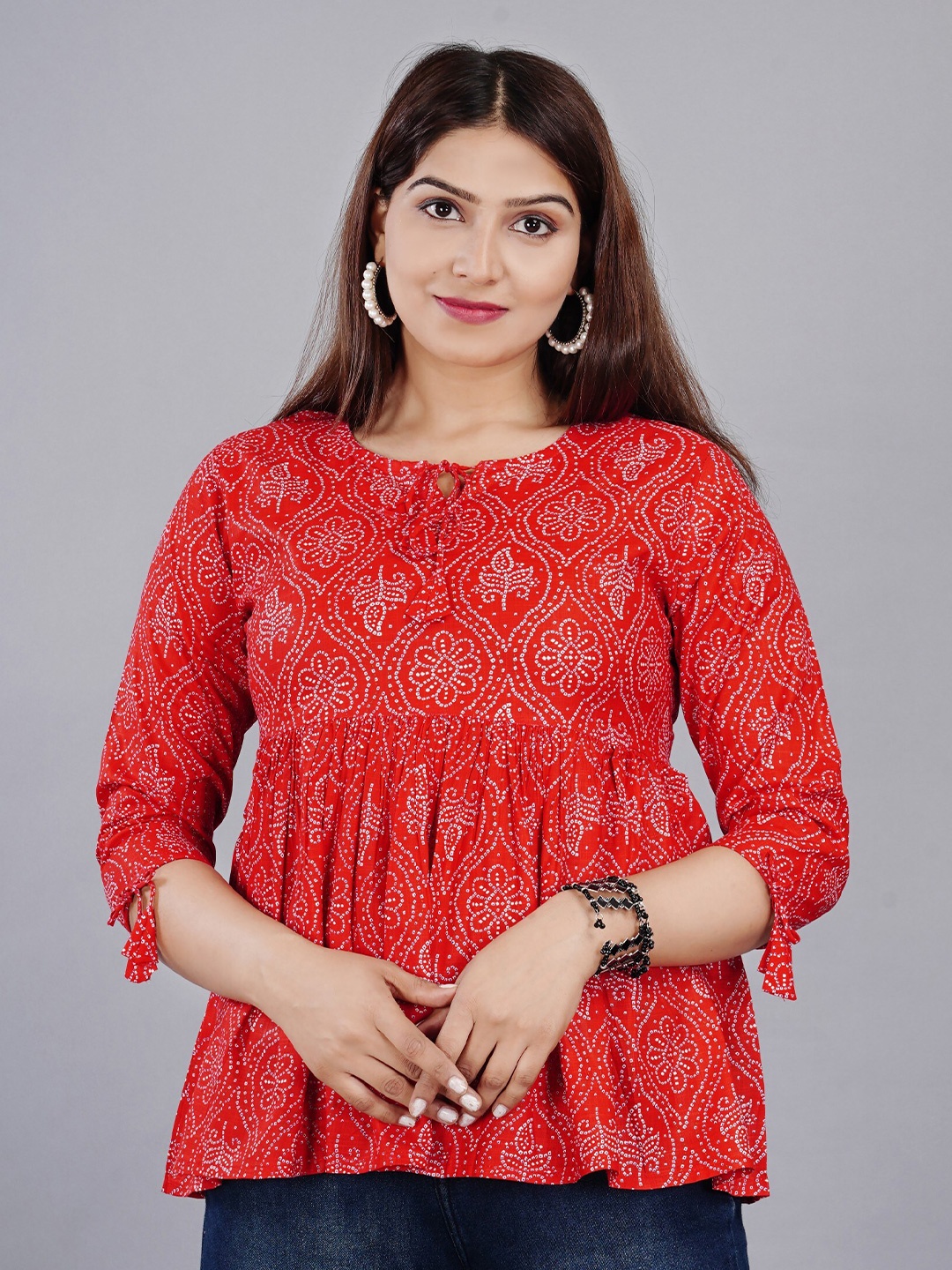 

KALINI Red & White Floral Print Tie-Up Neck Top