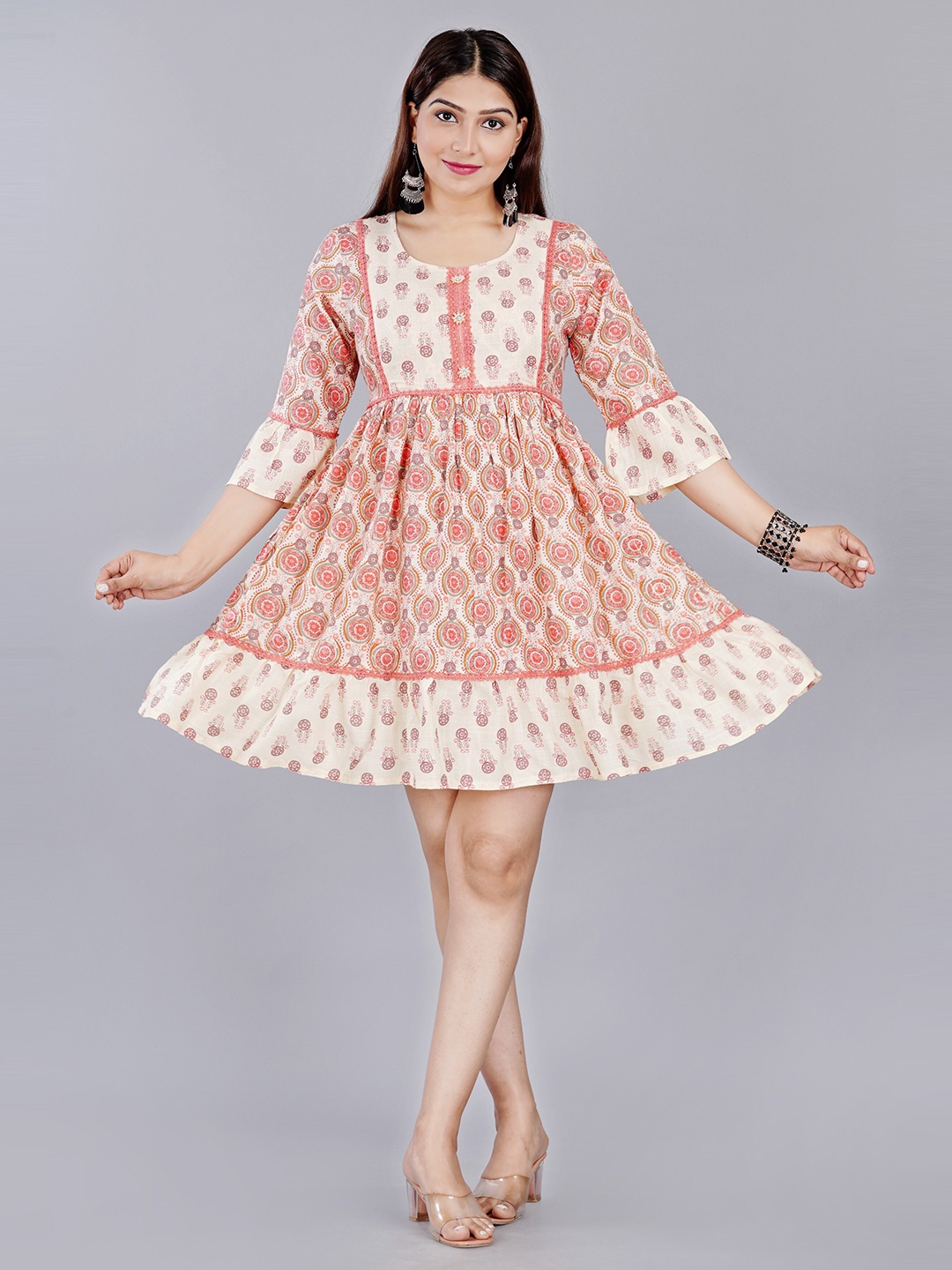 

KALINI Off White & Pink Ethnic Motifs Printed A-Line Mini Dress
