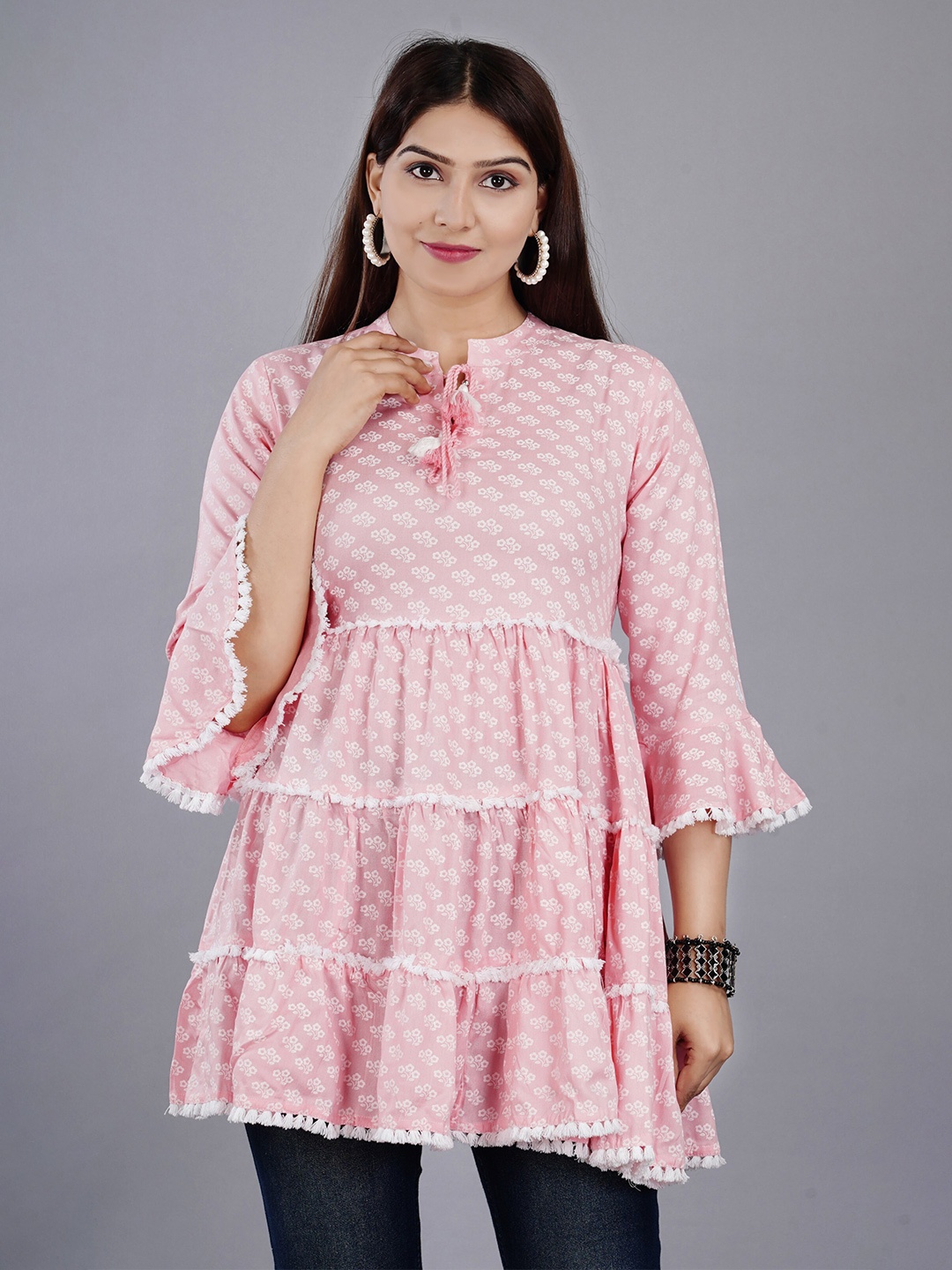

KALINI Women Pink & White Floral Print Tie-Up Neck Top