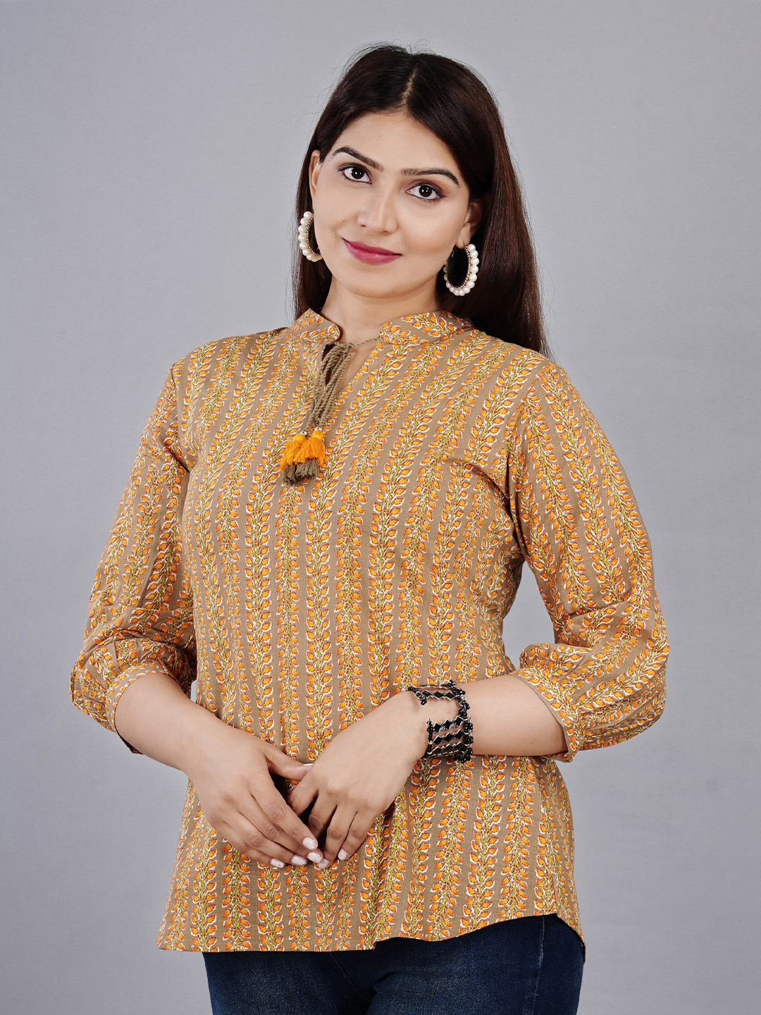 

KALINI Women Brown Floral Print Mandarin Collar Top