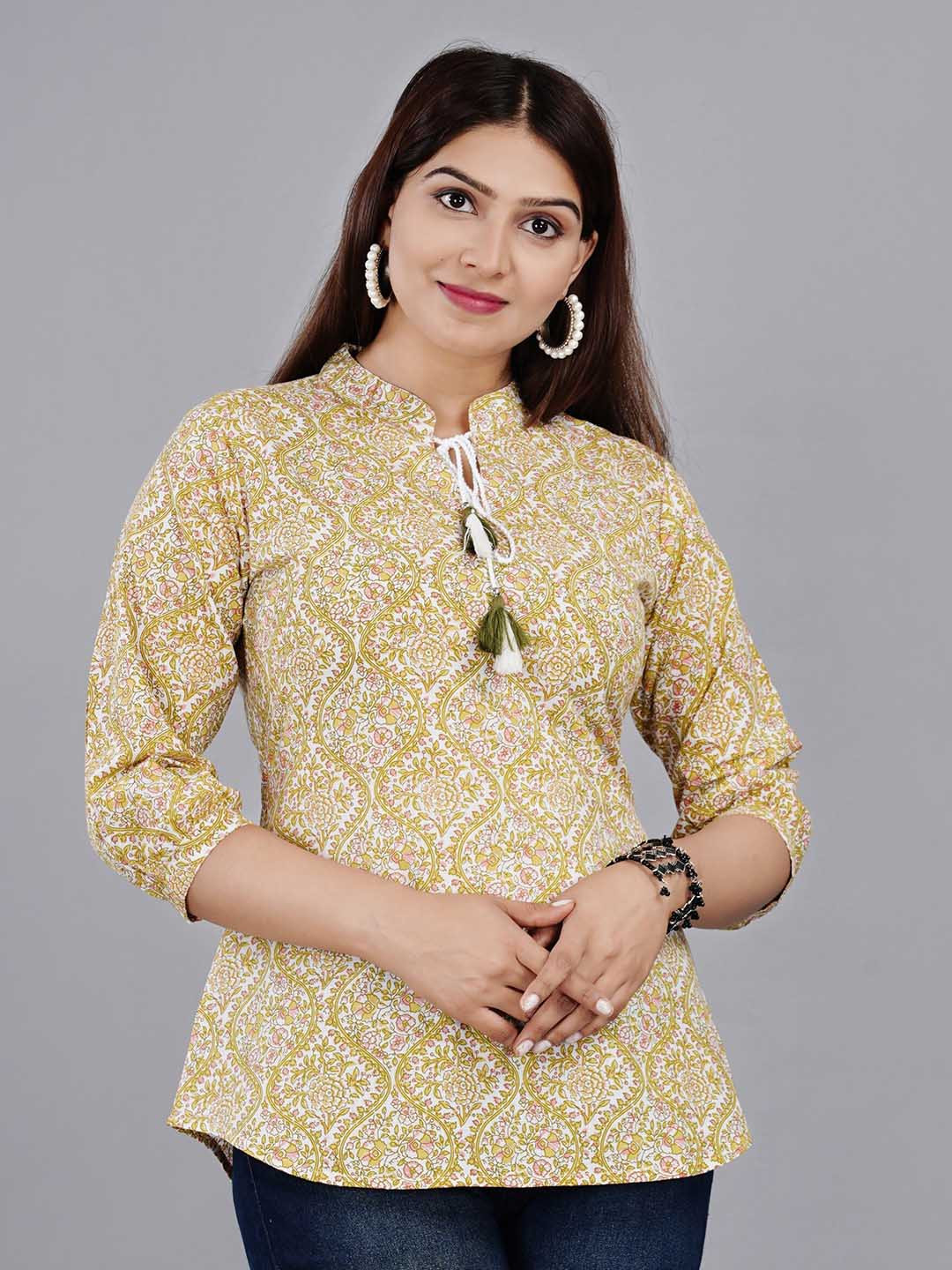 

KALINI Green Print Mandarin Collar Top