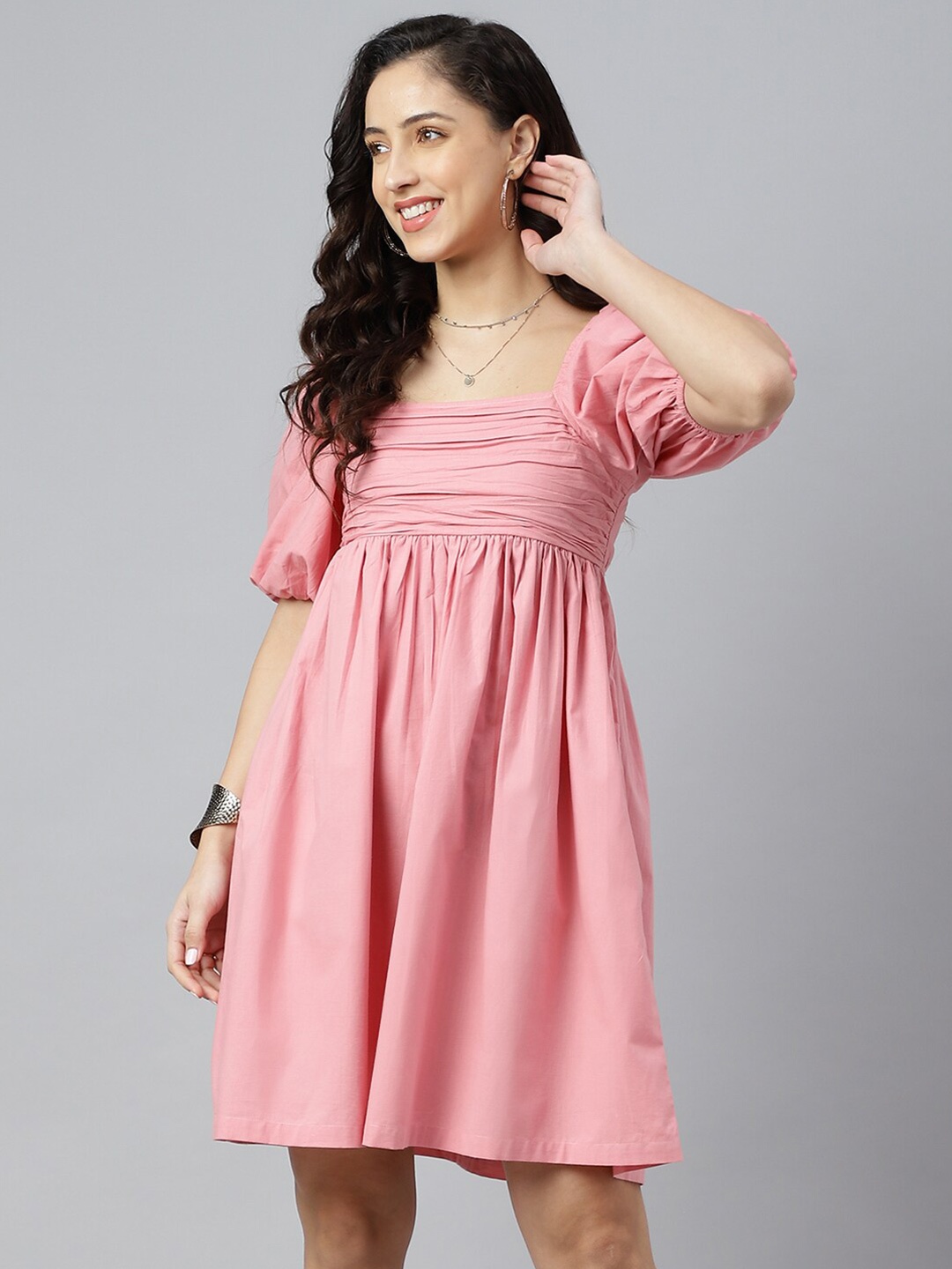

pinwheel Peach-Coloured Pleated Cotton A-Line Mini Dress