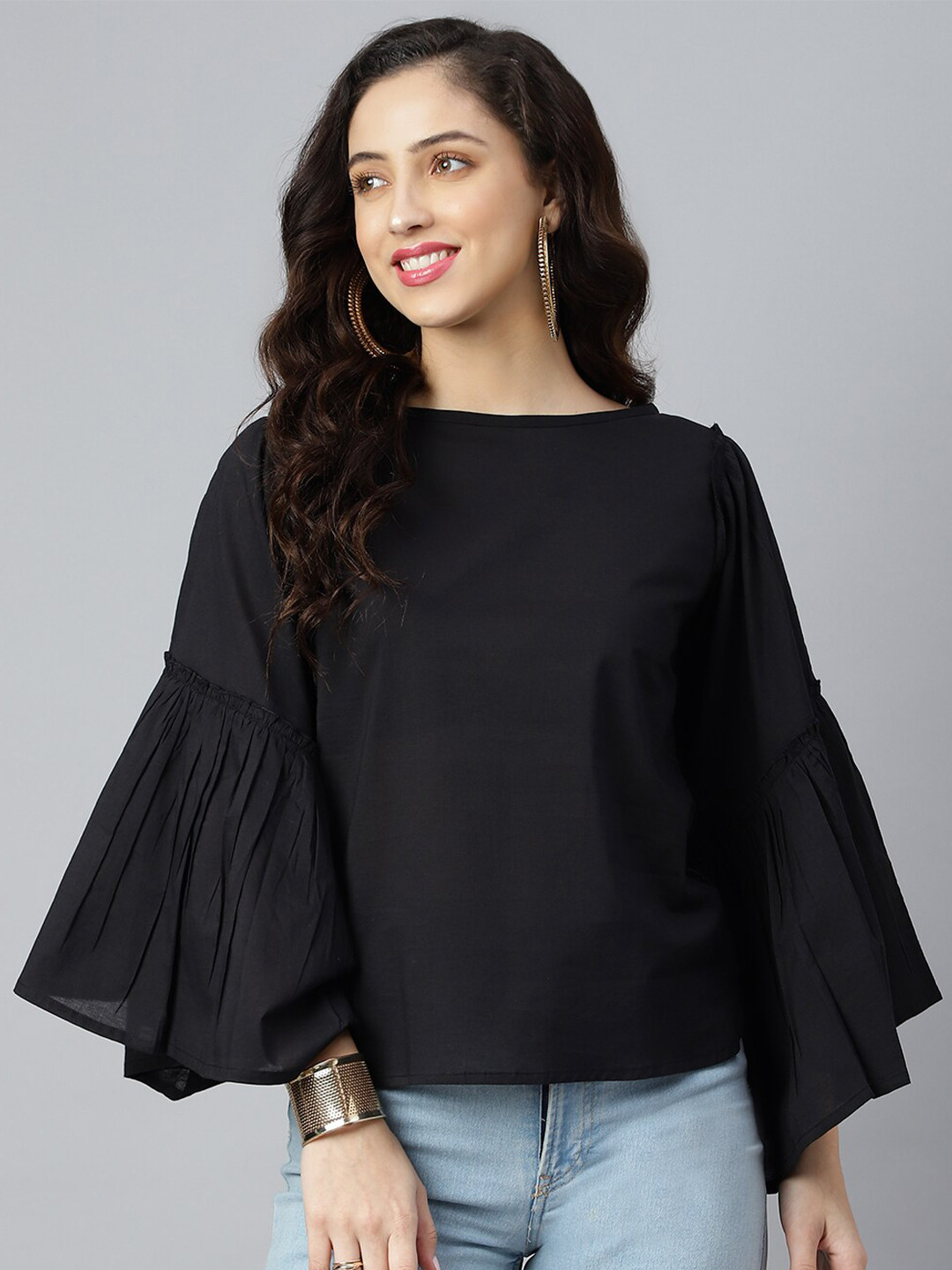 

pinwheel Women Solid Flared Sleeves Regular Top, Black