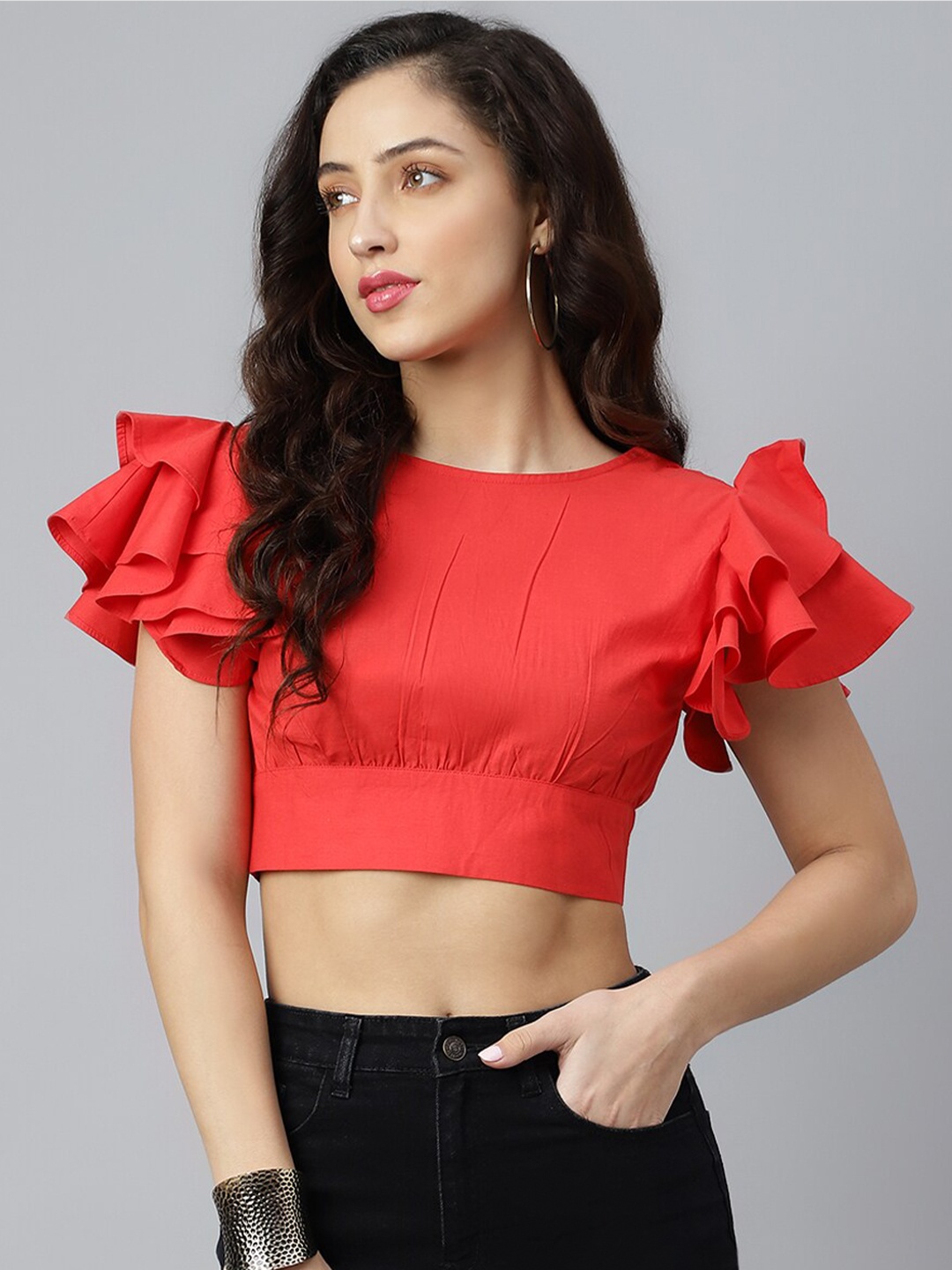 

pinwheel Solid Flutter Sleeves Crop Top with Back Tie-Ups, Red