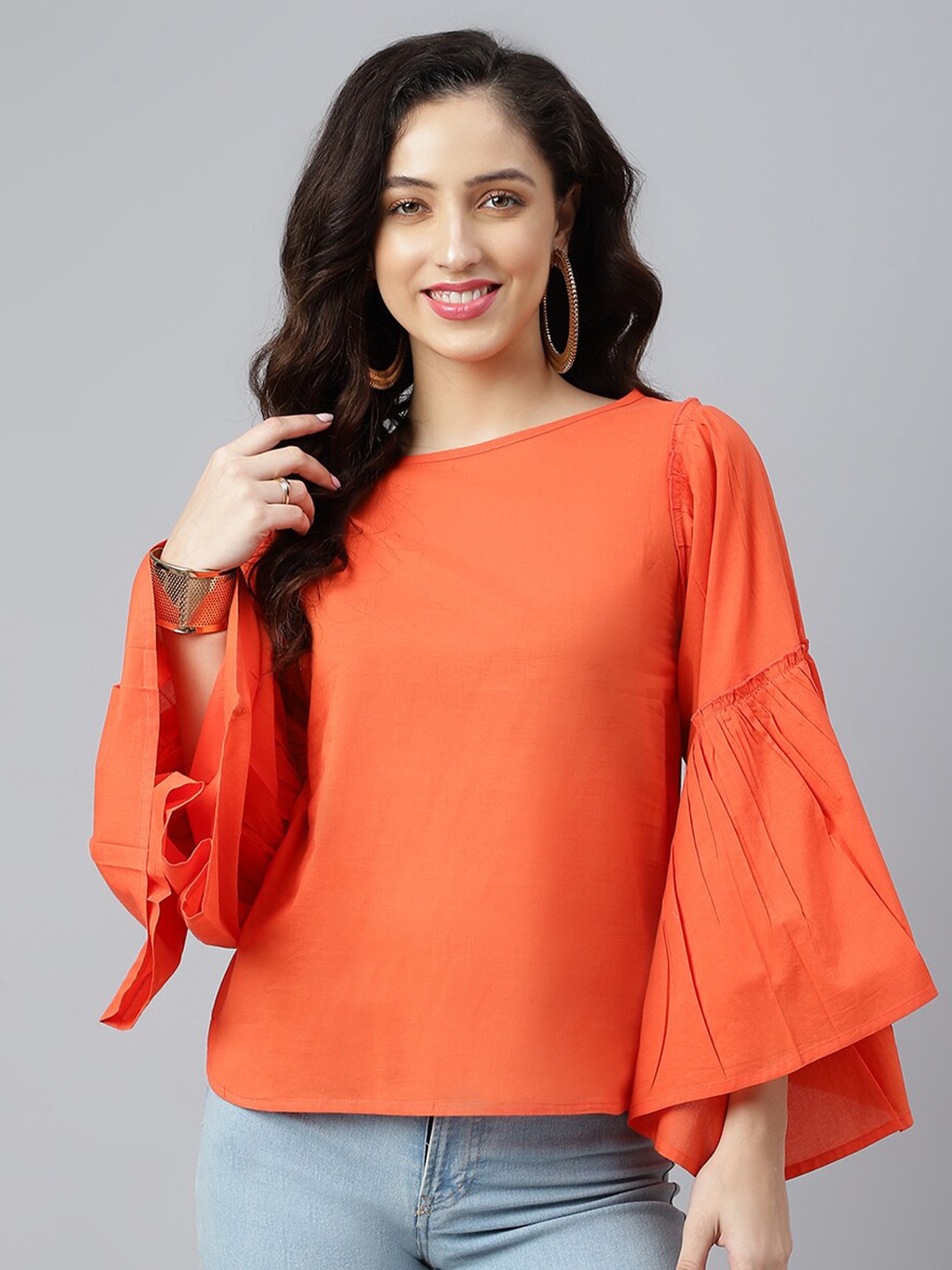 

pinwheel Solid Flared Sleeves Regular Top, Orange