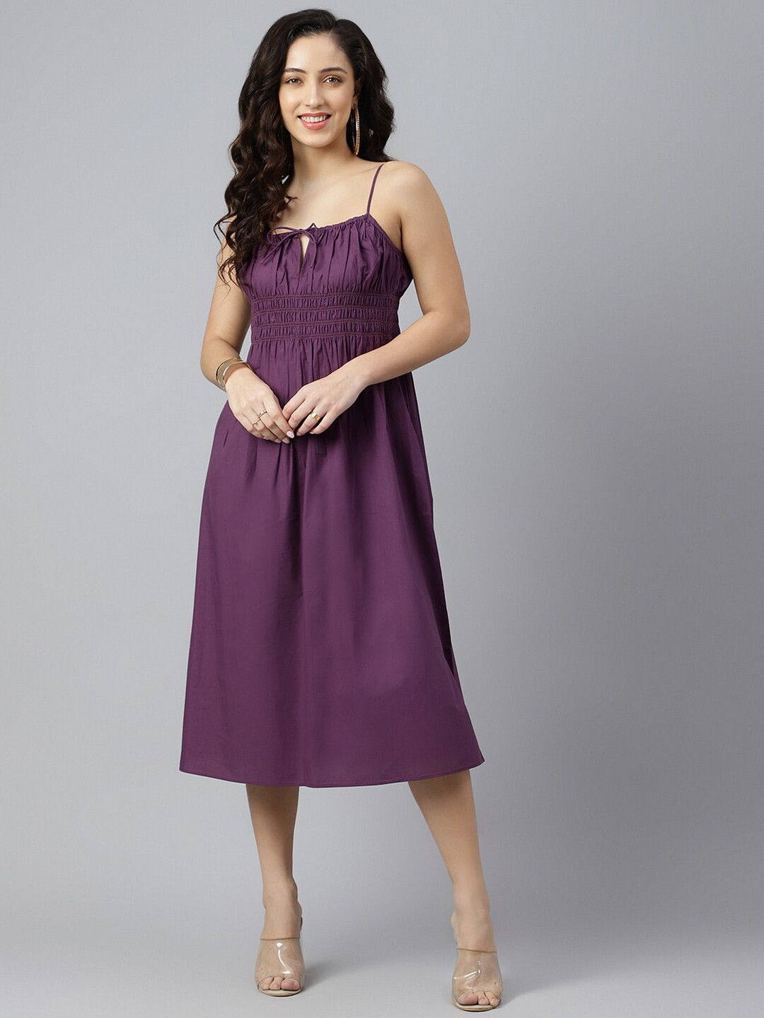 

pinwheel Purple Solid Shoulder Strap Cotton A-Line Midi Dress