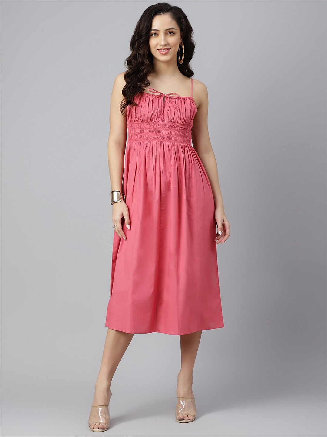 

pinwheel Pink Smocked Cotton A-Line Midi Dress