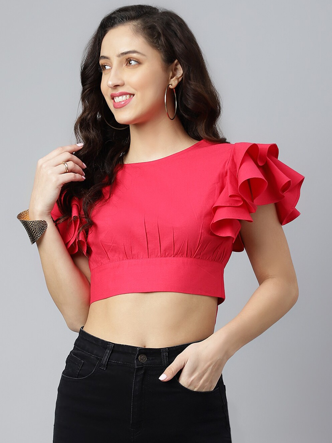 pinwheel Solid Flutter Sleeves Crop Top with Back Tie-Ups, Pink