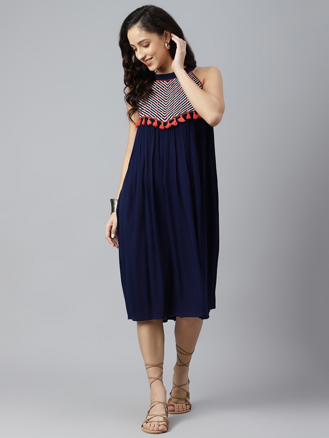 

SIAH Navy Blue & White Embellished Embroidered Fringed Ethnic A-Line Dress