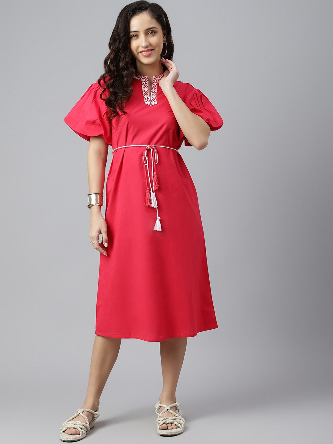 

SIAH Women Pink & White Ethnic A-Line Midi Cotton Dress