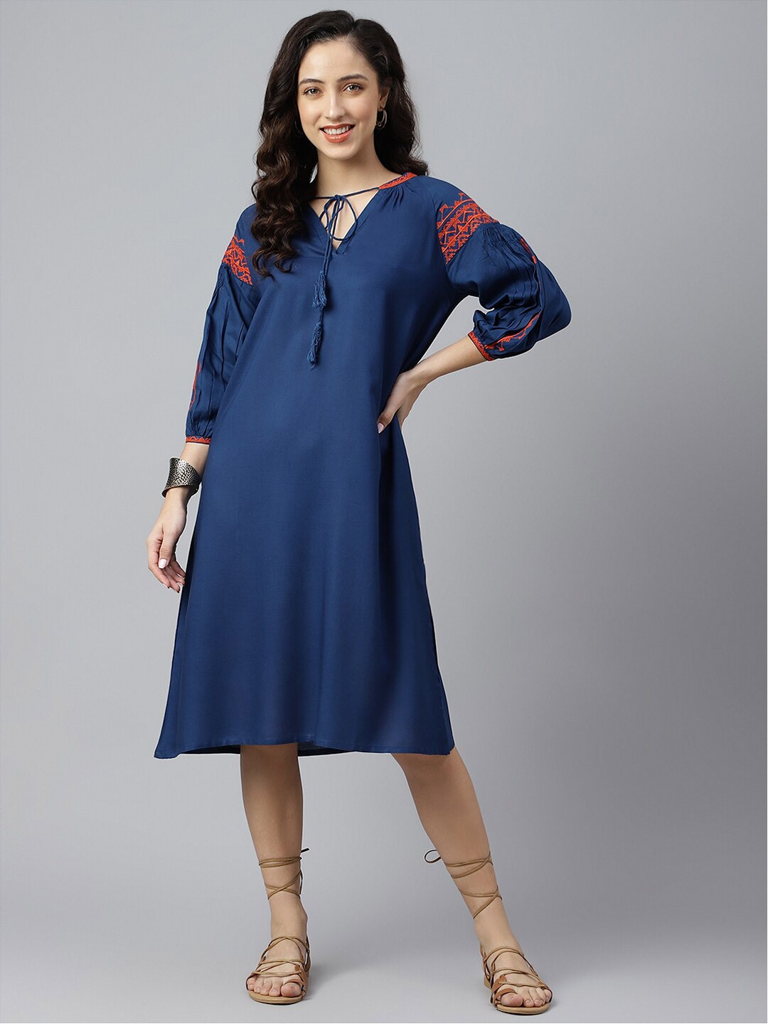 

SIAH Women Blue & Orange Tie-Up Neck Ethnic A-Line Dress