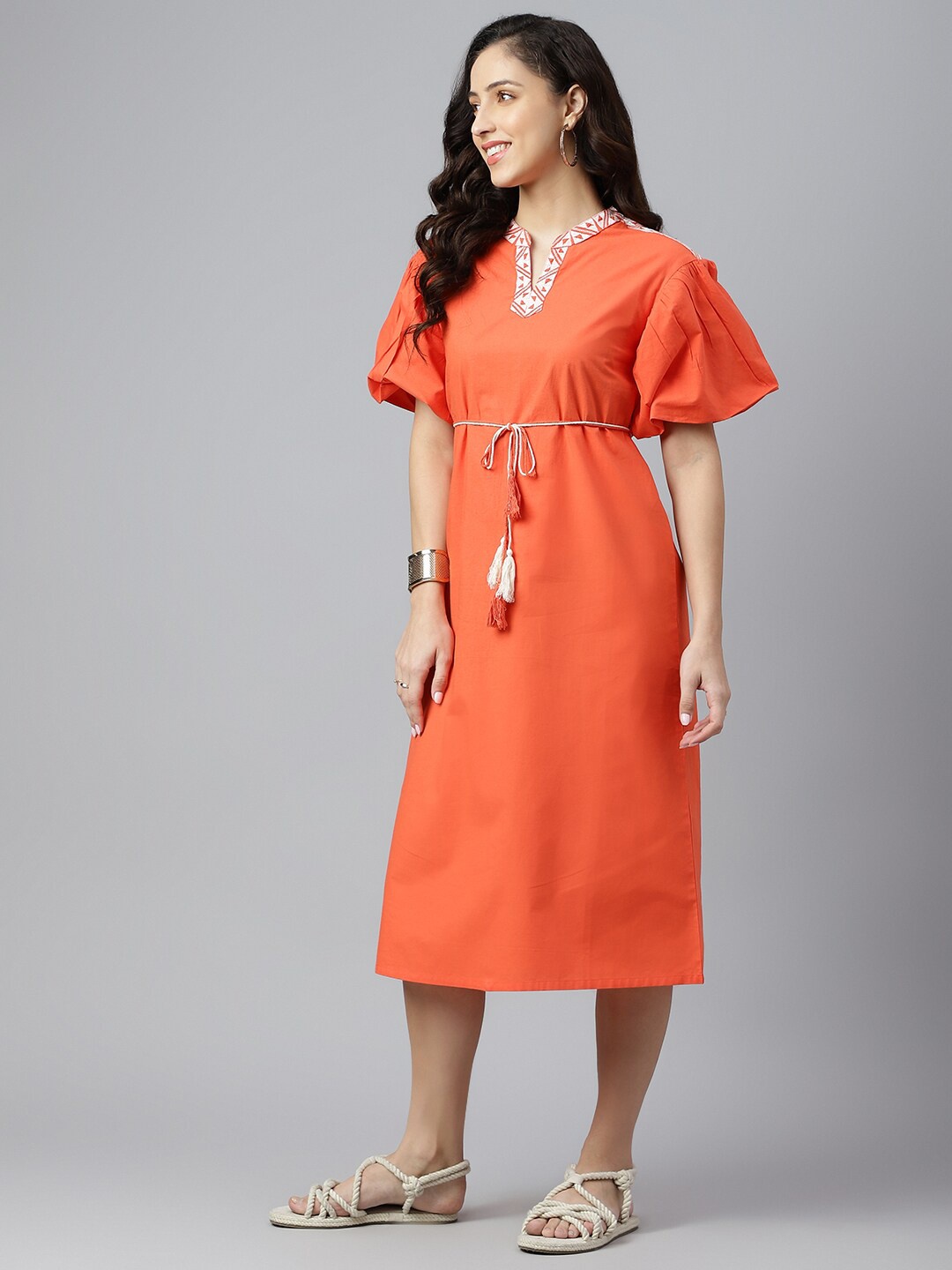 

SIAH Women Orange Puff Sleeves Cotton A Line Midi Dress