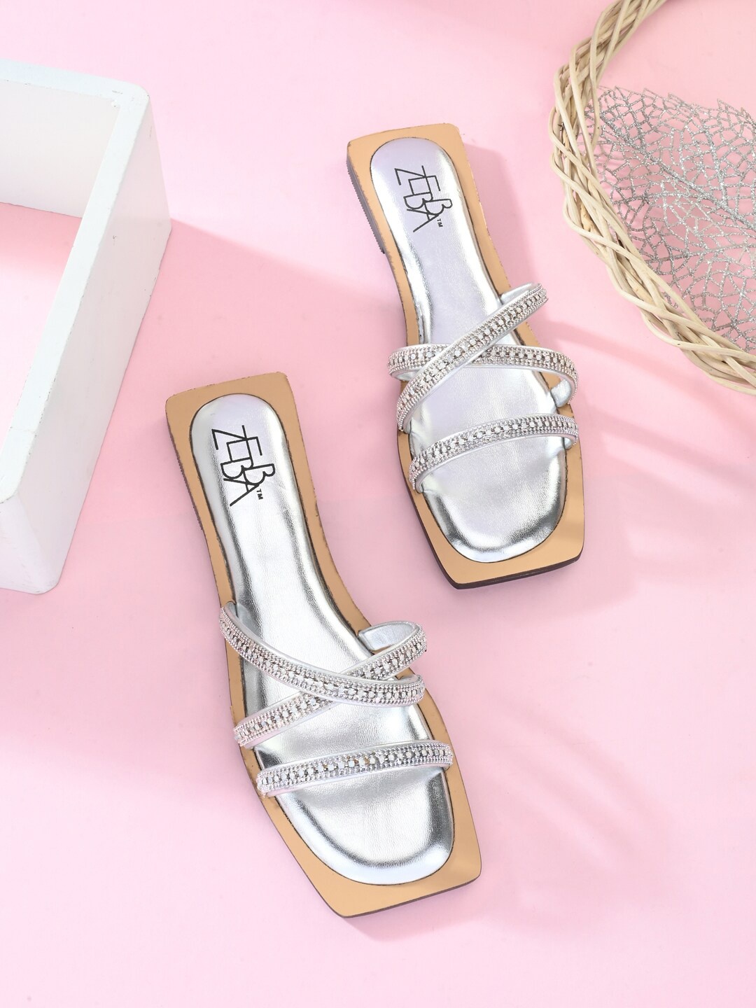 

Zebba Women Silver-Toned Embellished Open Toe Flats
