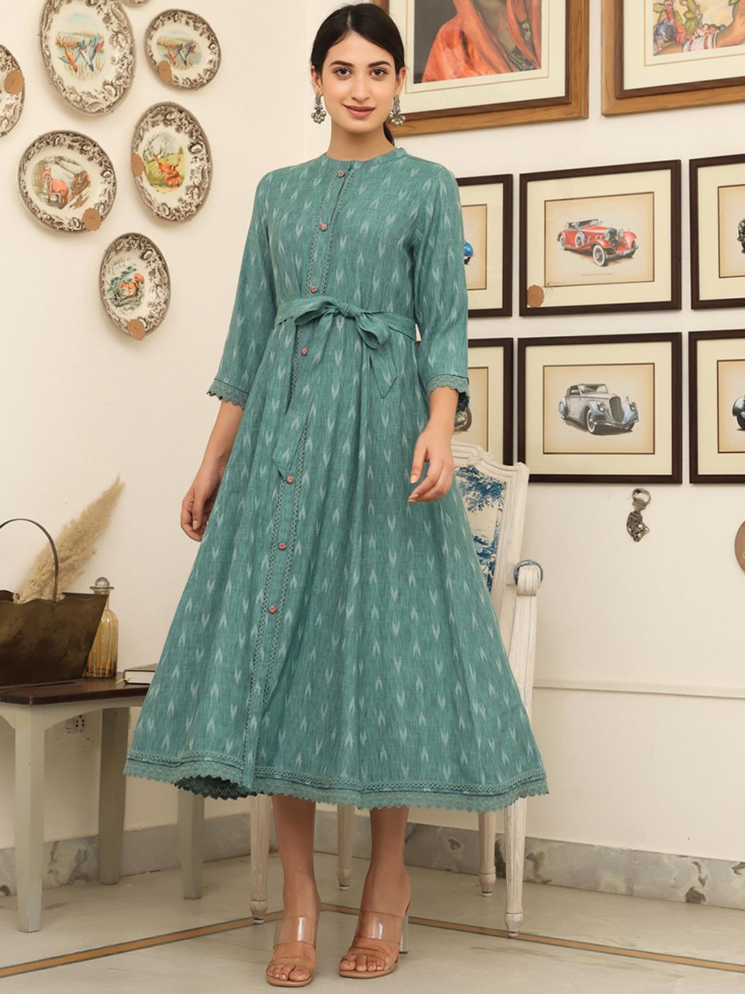 

SCAKHI Women Teal Green Woven Design A-Line Midi Ethnic Dress