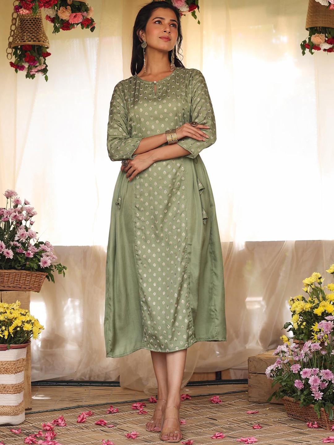 

SCAKHI Women Green Foil Printed A-Line Midi Ethnic Dresses