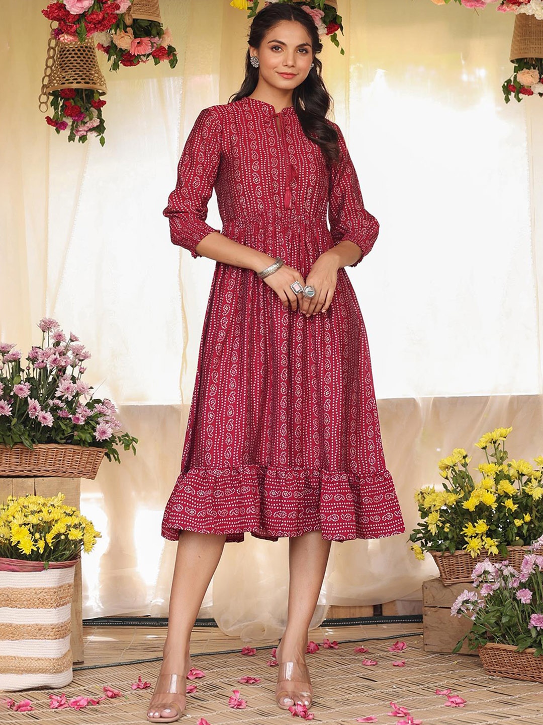

SCAKHI Women Magenta Bandhani Printed Midi Flared Ethnic Dresses