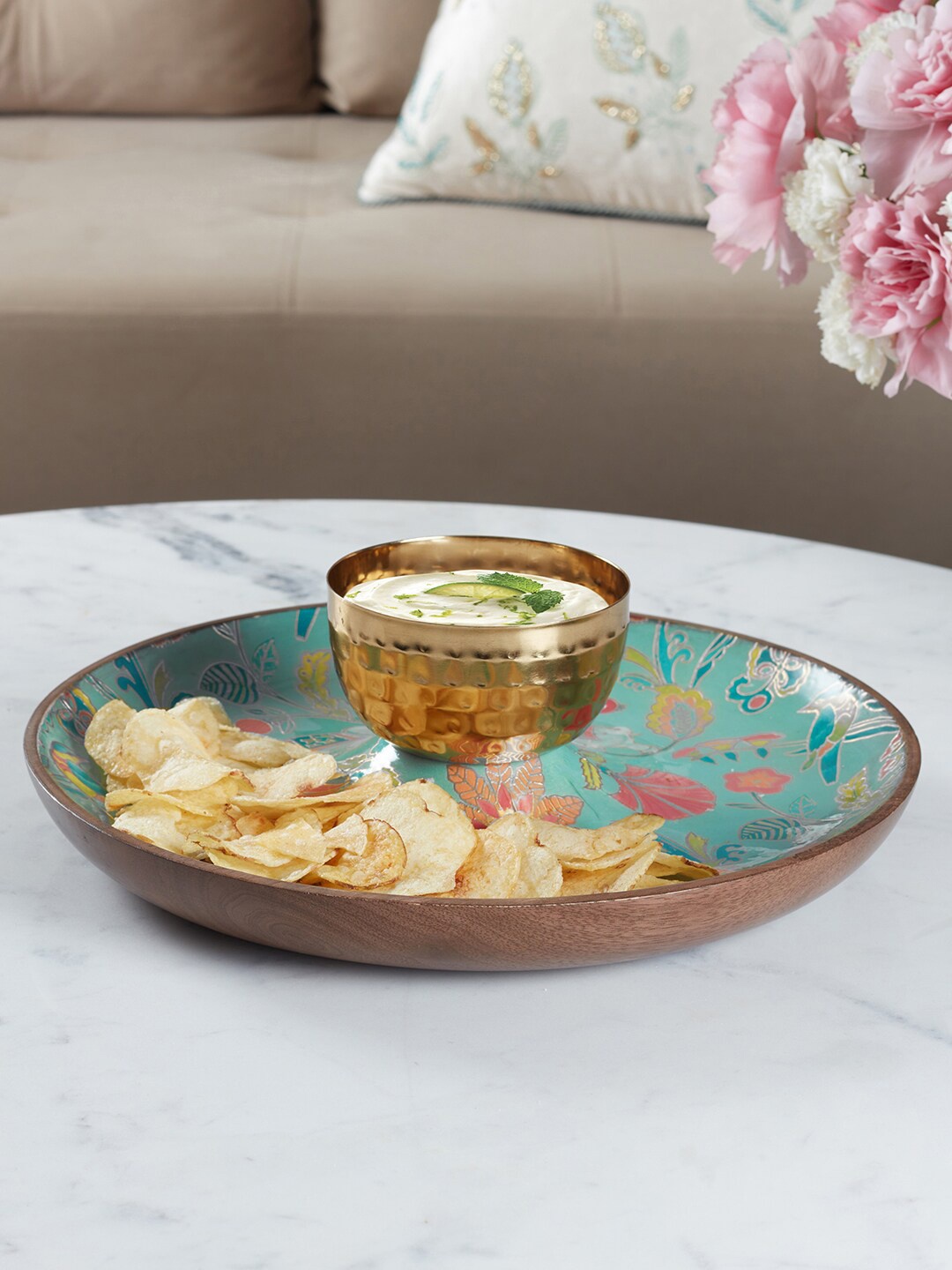 

HomeTown Brown & Blue Printed Wood & Metal Chip N' Dip Platter