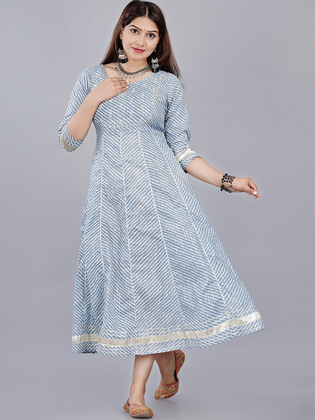 

KALINI Grey & White Striped Ethnic A-Line Maxi Dress
