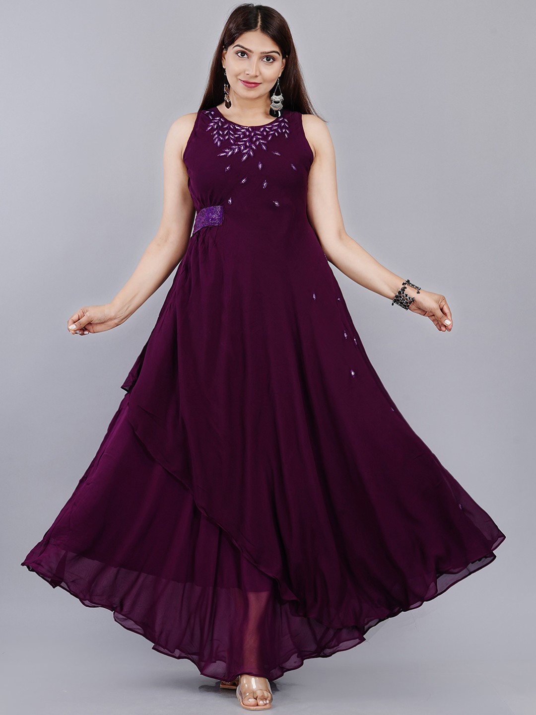 

KALINI Women Purple & White Floral Embroidered Layered Maxi Maxi Dress