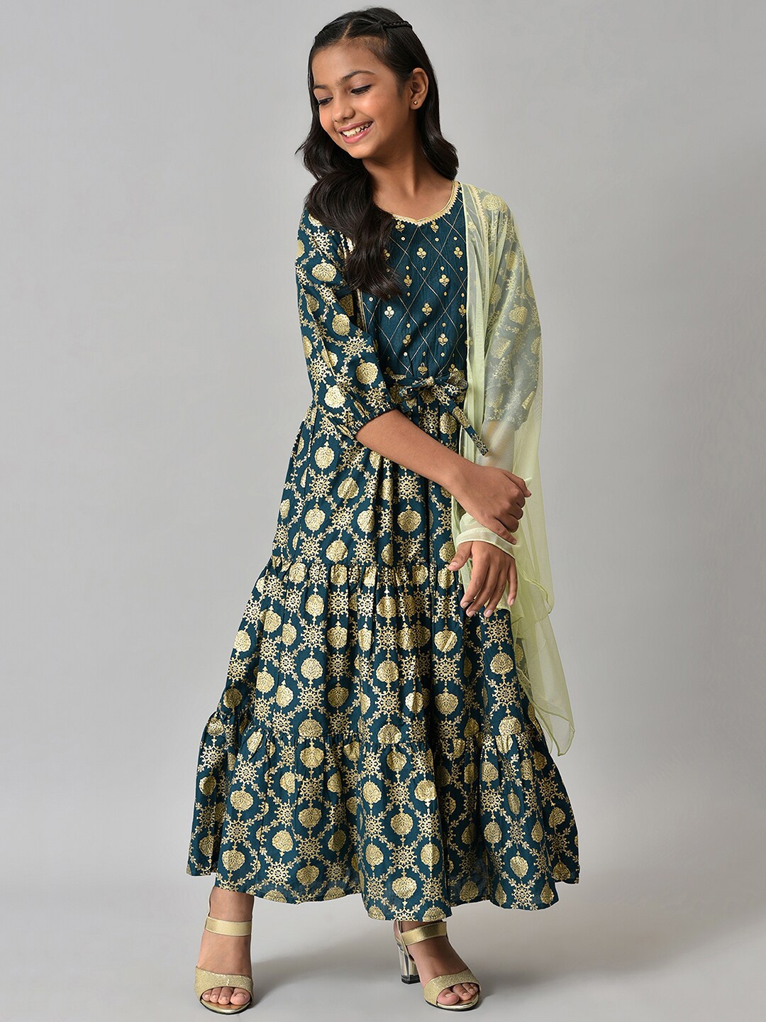 

AURELIA Girls Green Ethnic Motifs Pure Cotton Maxi Dress