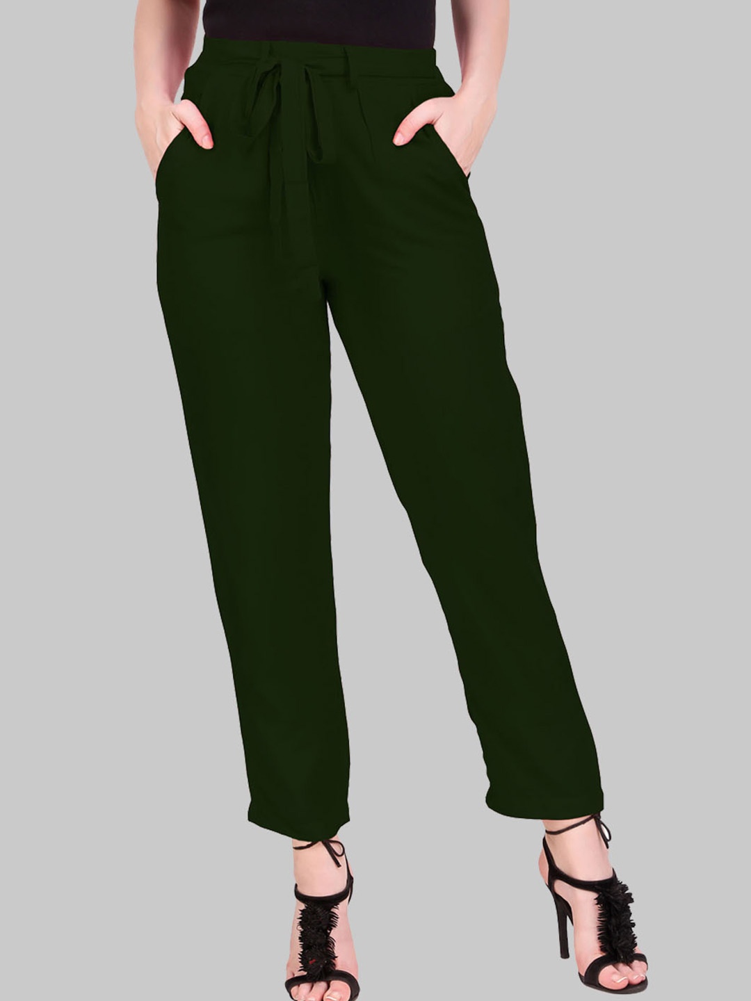 

SAUNDARYA Women Green Peg Leg Easy Wash Pleated Trousers