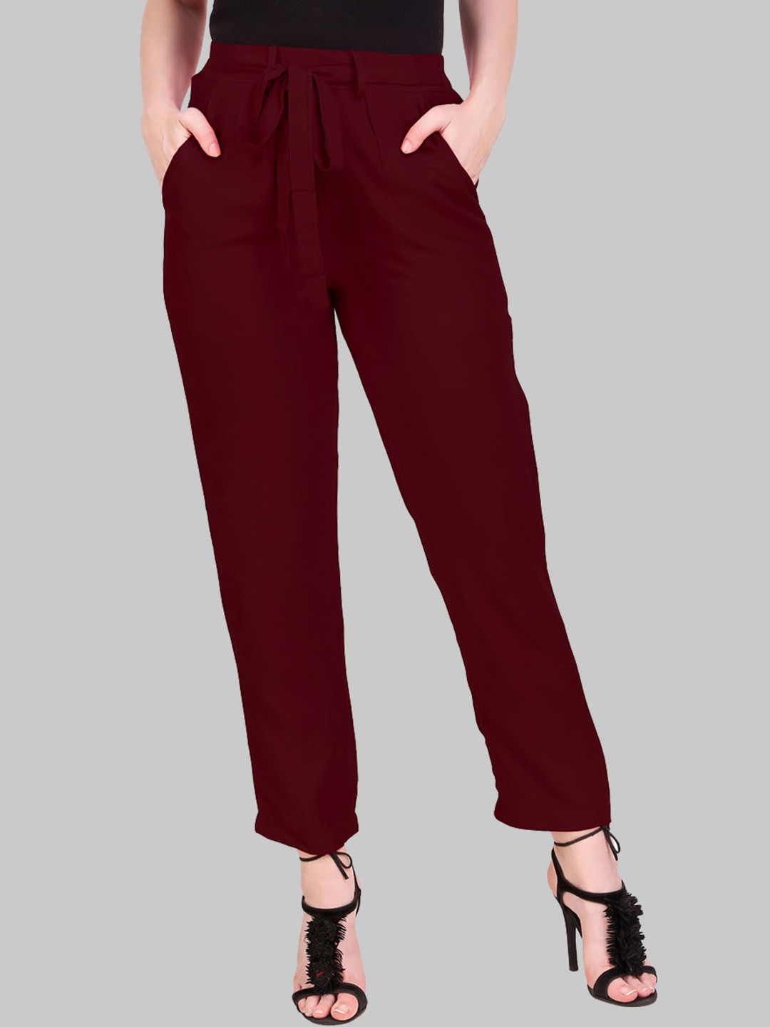 

SAUNDARYA Women Maroon Peg Leg Easy Wash Trousers
