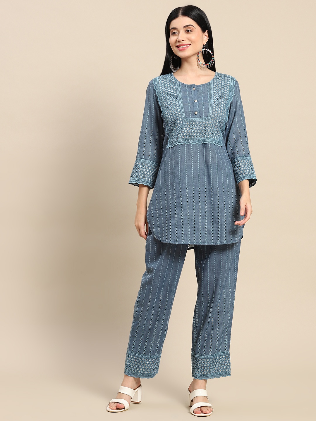 

Prakhya Women Blue Yoke Design Pure Cotton Kurta with Palazzos