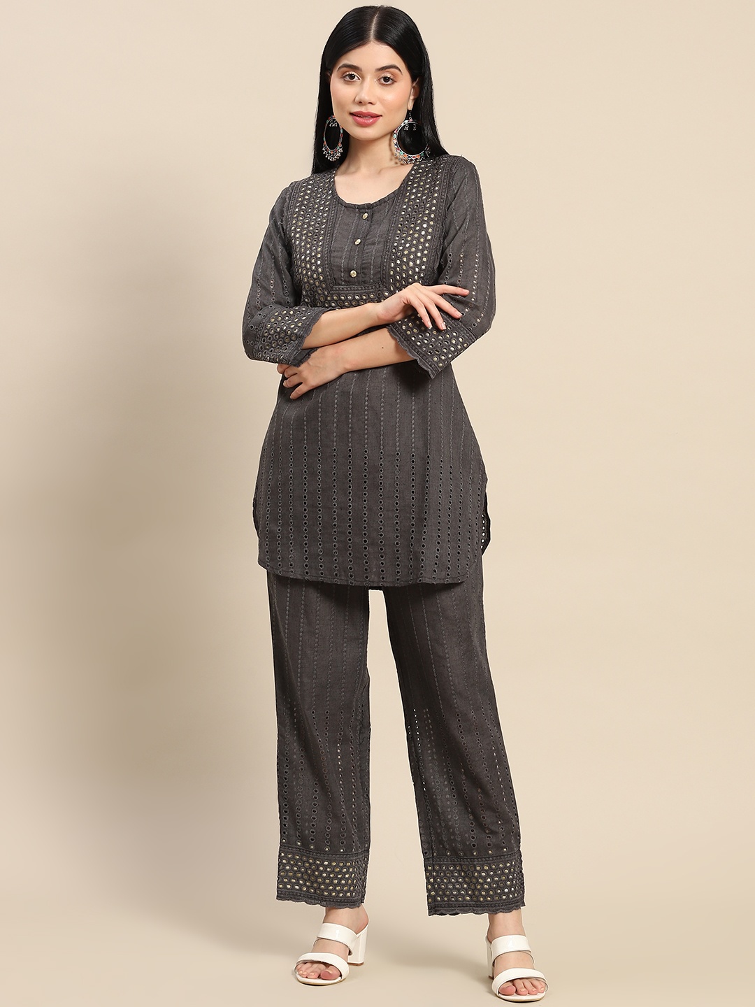 

Prakhya Women Black Embroidered Mirror Work Pure Cotton Kurta with Palazzos