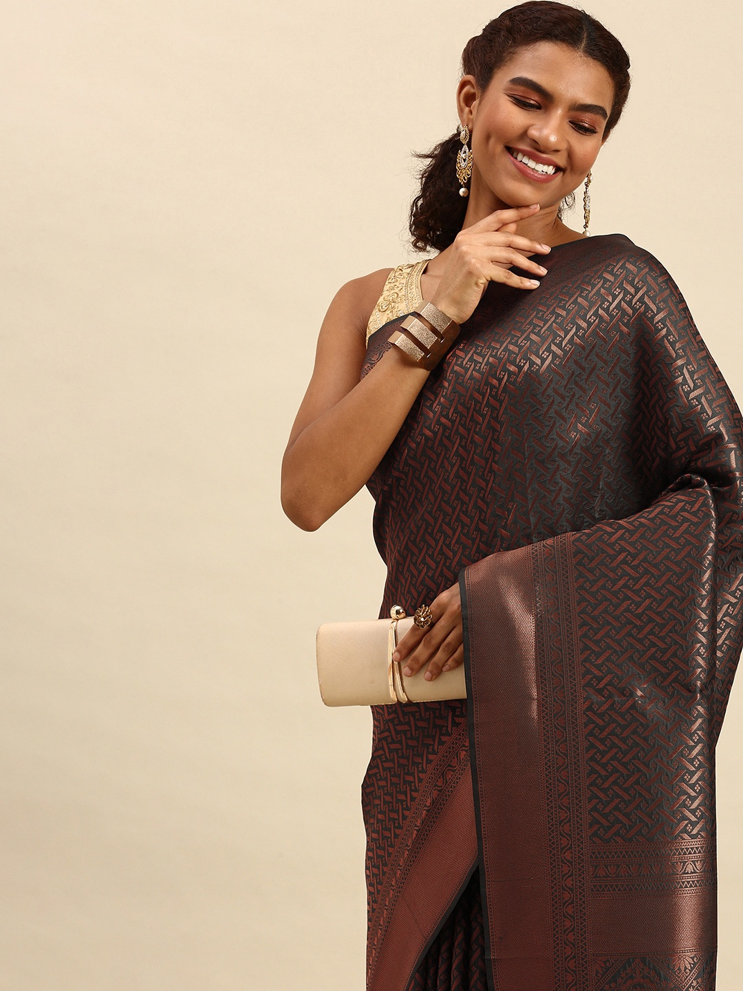 

Pothys Brown & Black Woven Design Art Silk Banarasi Saree