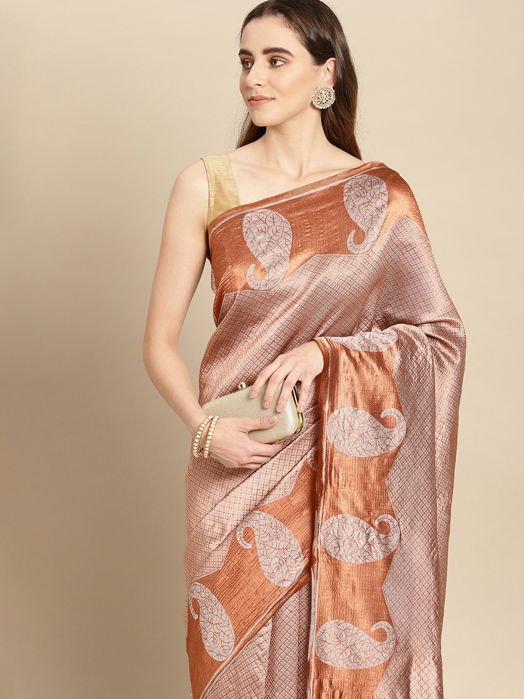 

Pothys Grey & Tan Paisley Art Silk Banarasi Saree