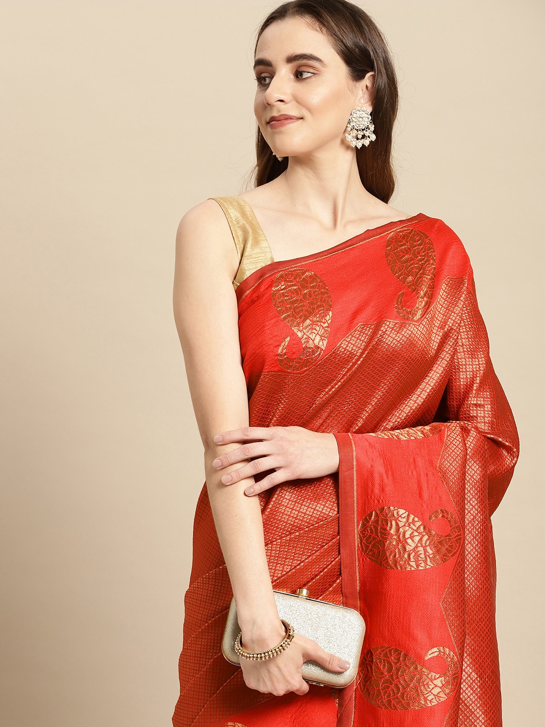 

Pothys Red Paisley Art Silk Banarasi Saree
