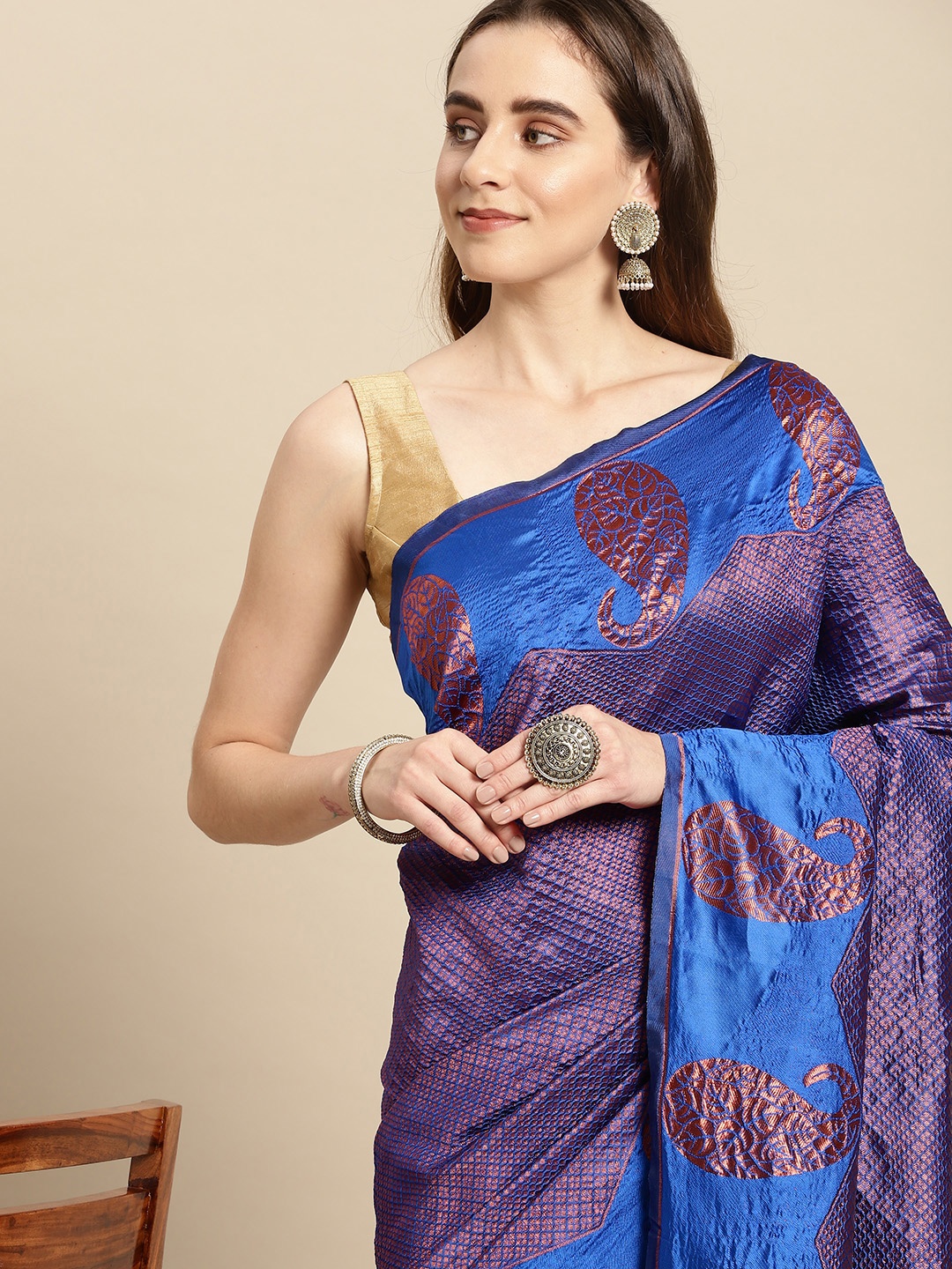 

Pothys Blue & Bronze-Toned Paisley Art Silk Banarasi Saree
