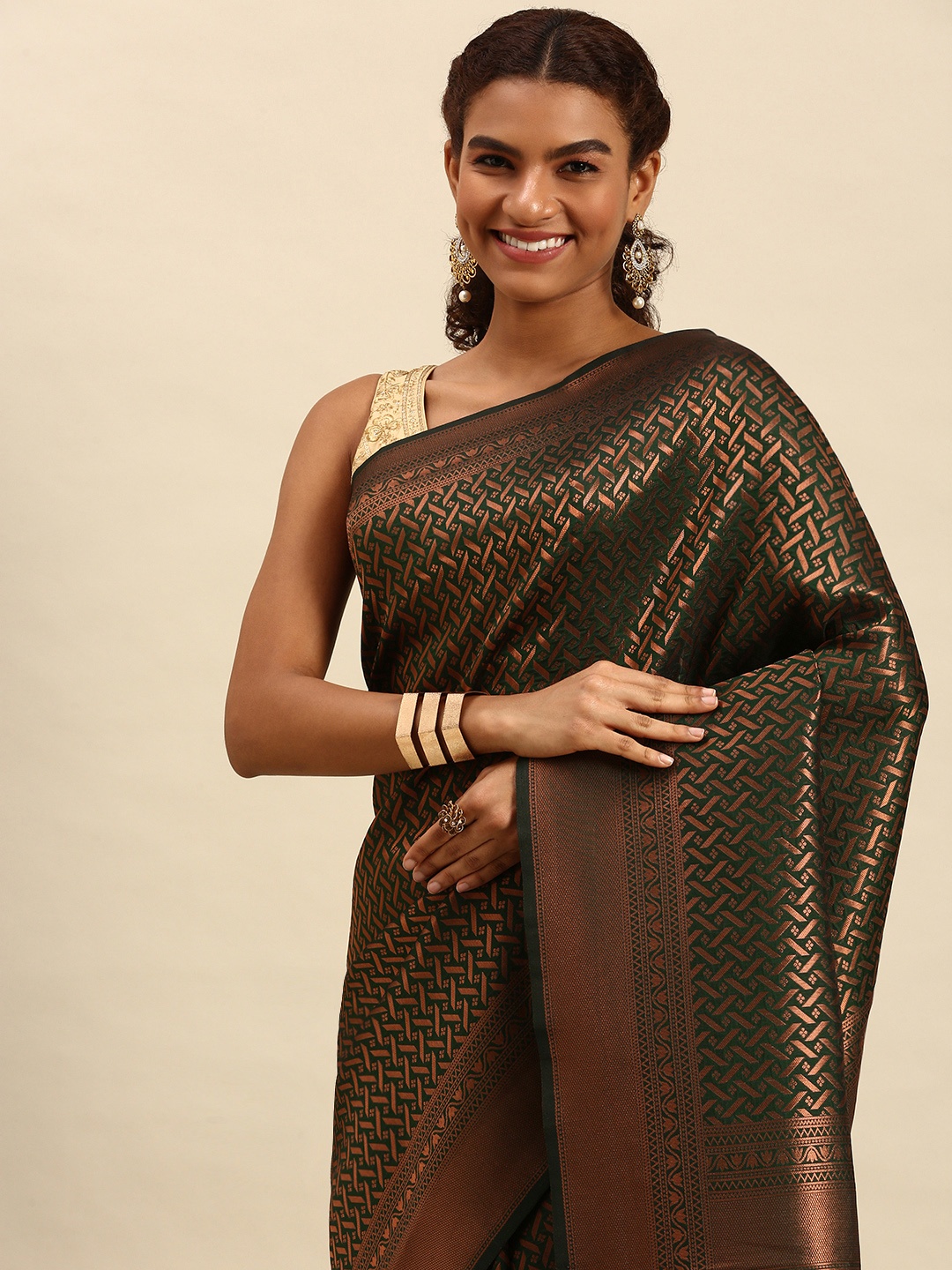 

Pothys Copper-Toned & Black Woven Design Art Silk Banarasi Saree