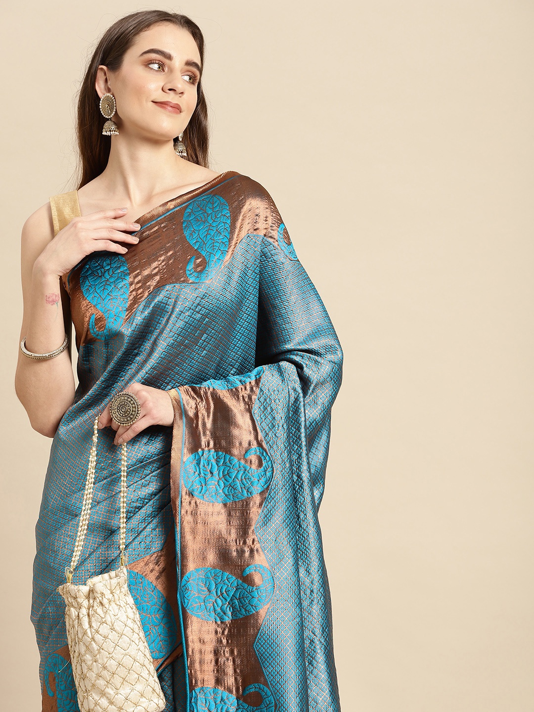 

Pothys Blue & Bronze-Toned Paisley Art Silk Banarasi Saree