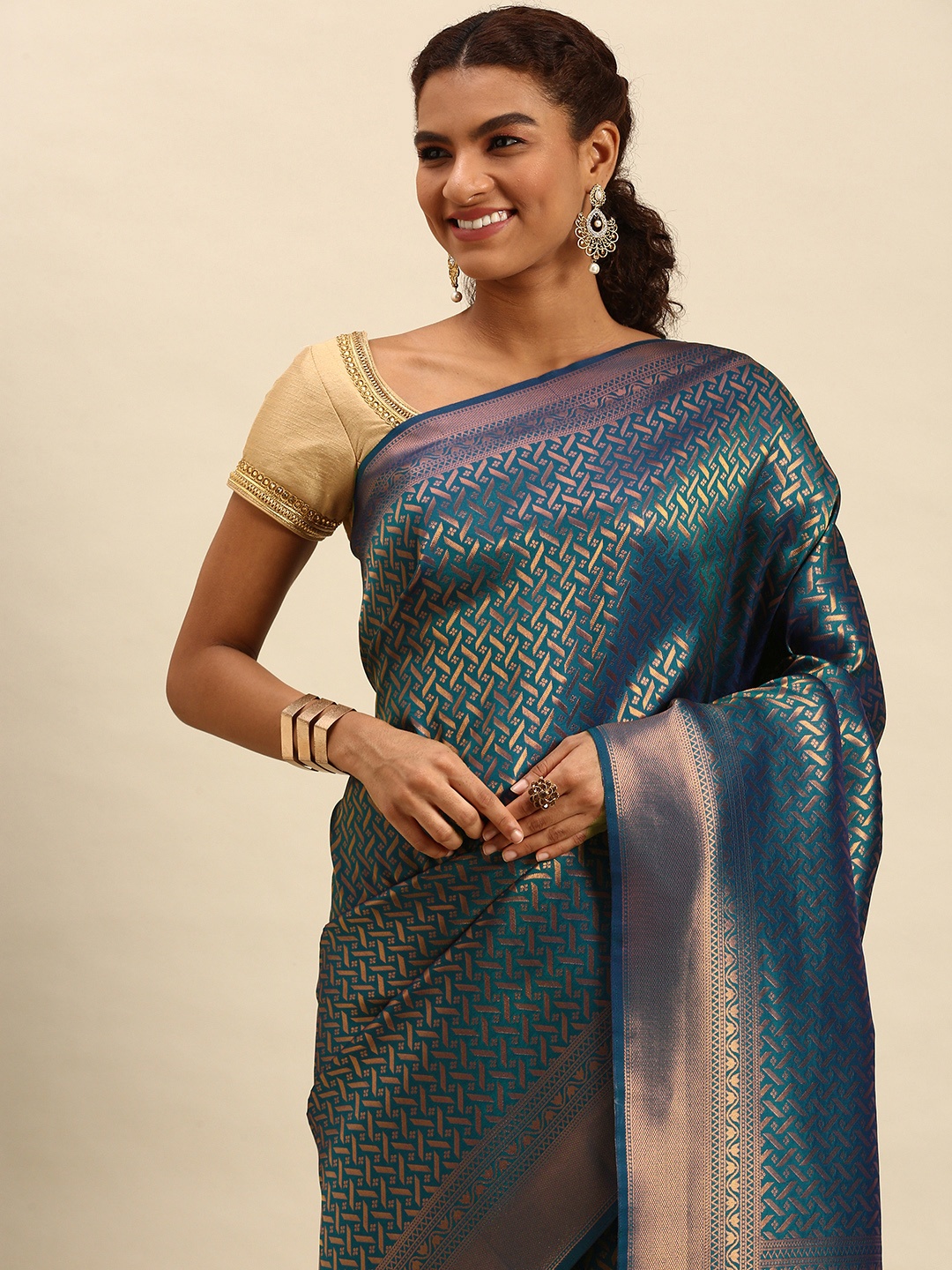 

Pothys Blue & Gold-Toned Woven Design Art Silk Banarasi Saree