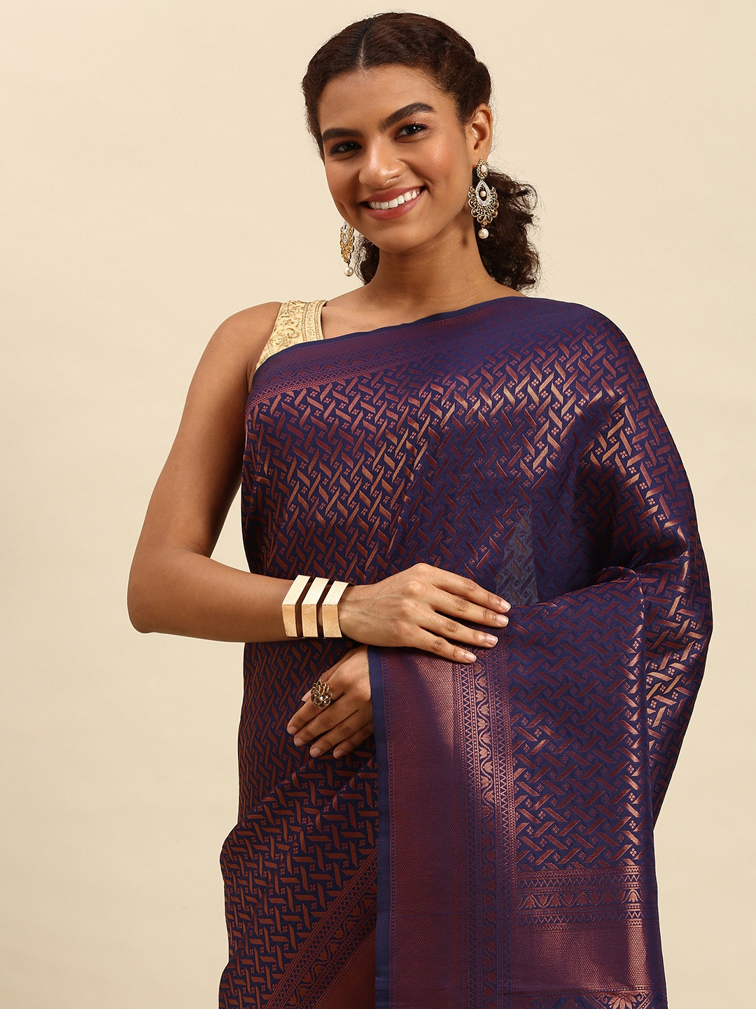 

Pothys Purple & Gold-Toned Woven Design Art Silk Banarasi Saree